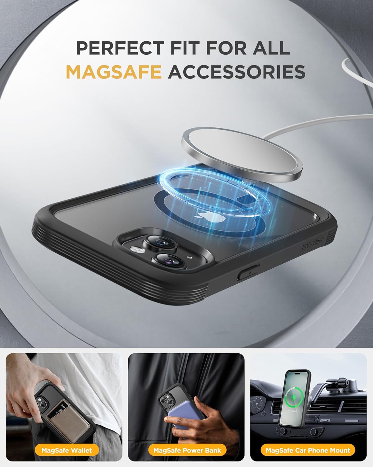 Detalle de Miracase 360-Grad Hülle für iPhone 15 mit MagSafe, integriertem 9H-Glas & Kameraschutz (Schwarz)