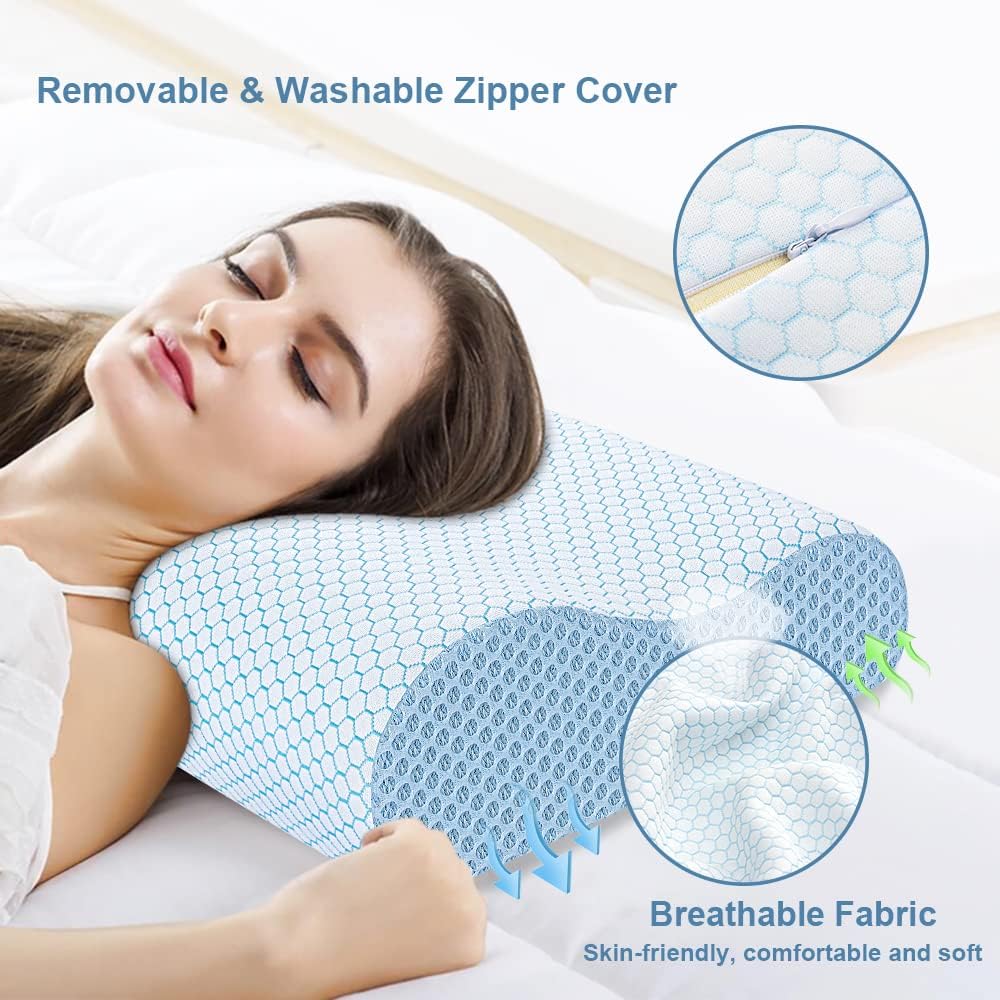 Detalle de Anvo Memory Foam Contour Pillow, Dual-Height Neck Support, Blue and White
