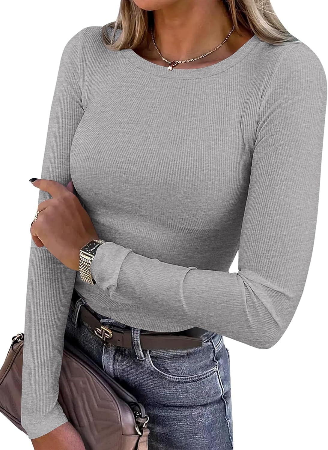 Detalle de PRETTYGARDEN Women's Long-Sleeve Ribbed Tee, Slim-Fit Crewneck