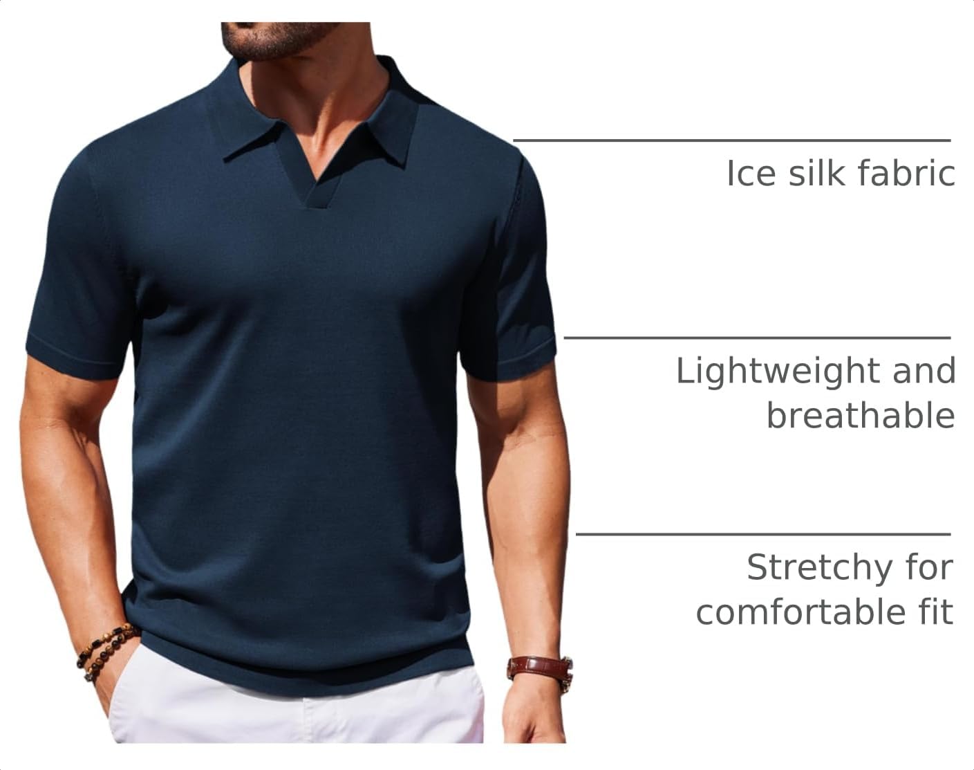 Detalle de COOFANDY Men's V Neck Short Sleeve Stretch Knit Polo Shirt