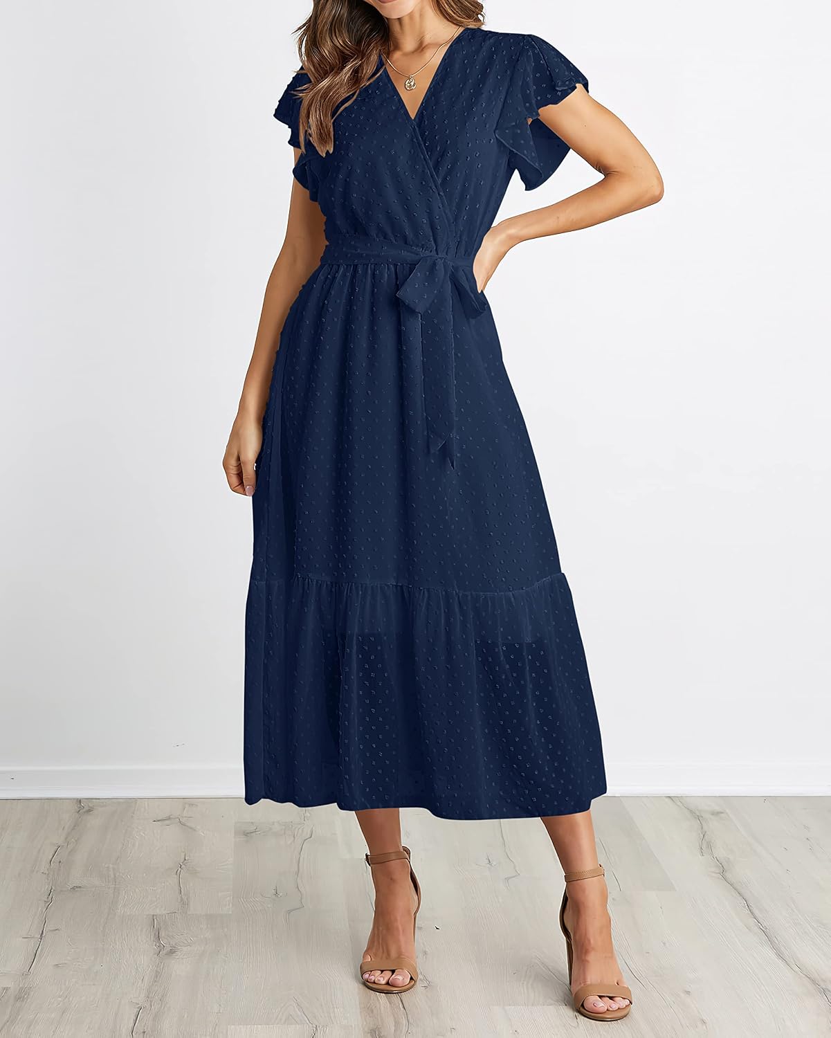 Thumbnail 6 de BTFBM Women's Summer Bohemian Floral Wrap V-Neck Midi Dress