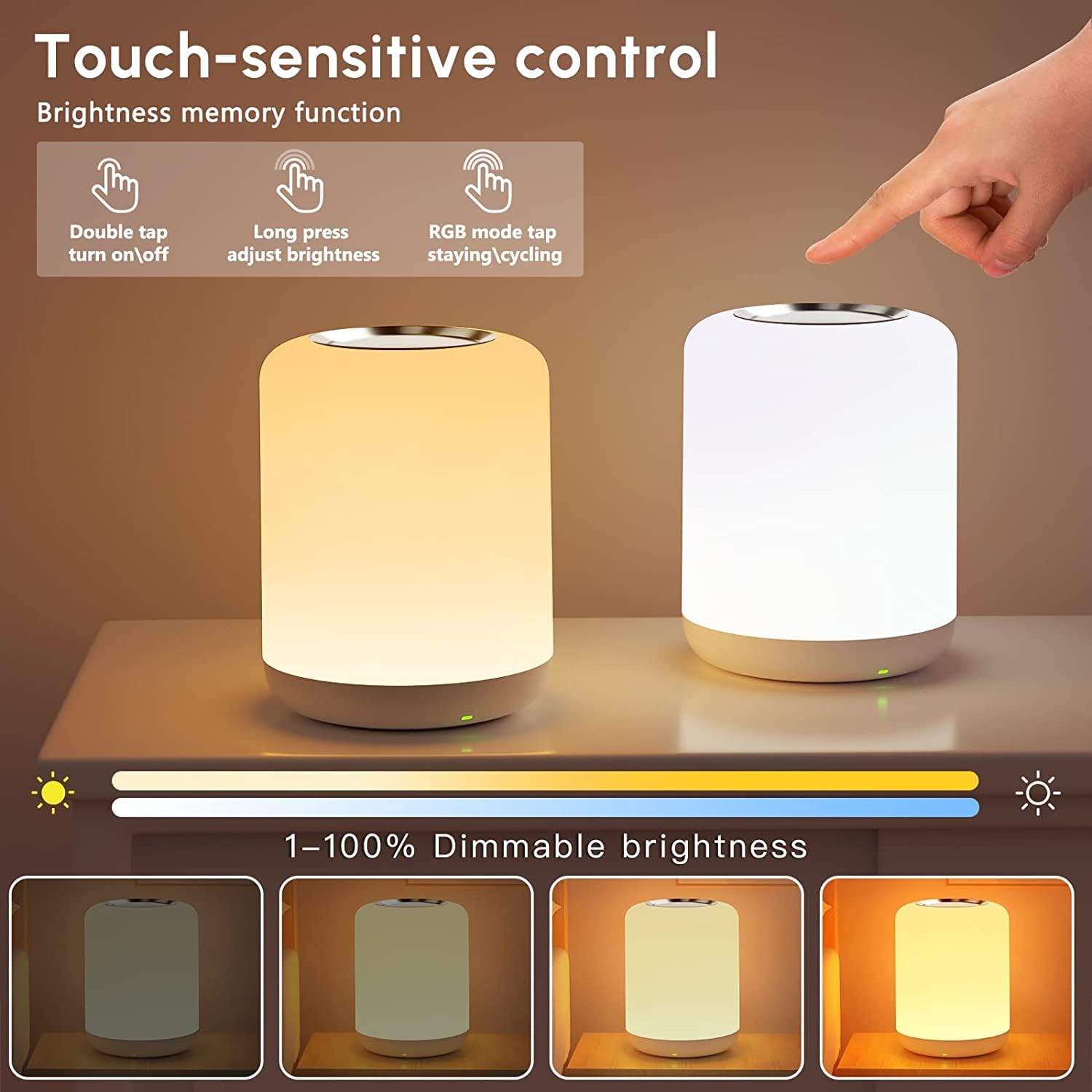 Detalle 2 de SOLIDEE Nachttischlampe Touch Dimmbar mit RGB, Warmweiß/Kaltweiß, 1‑Stunden-Timer und USB-Aufladung