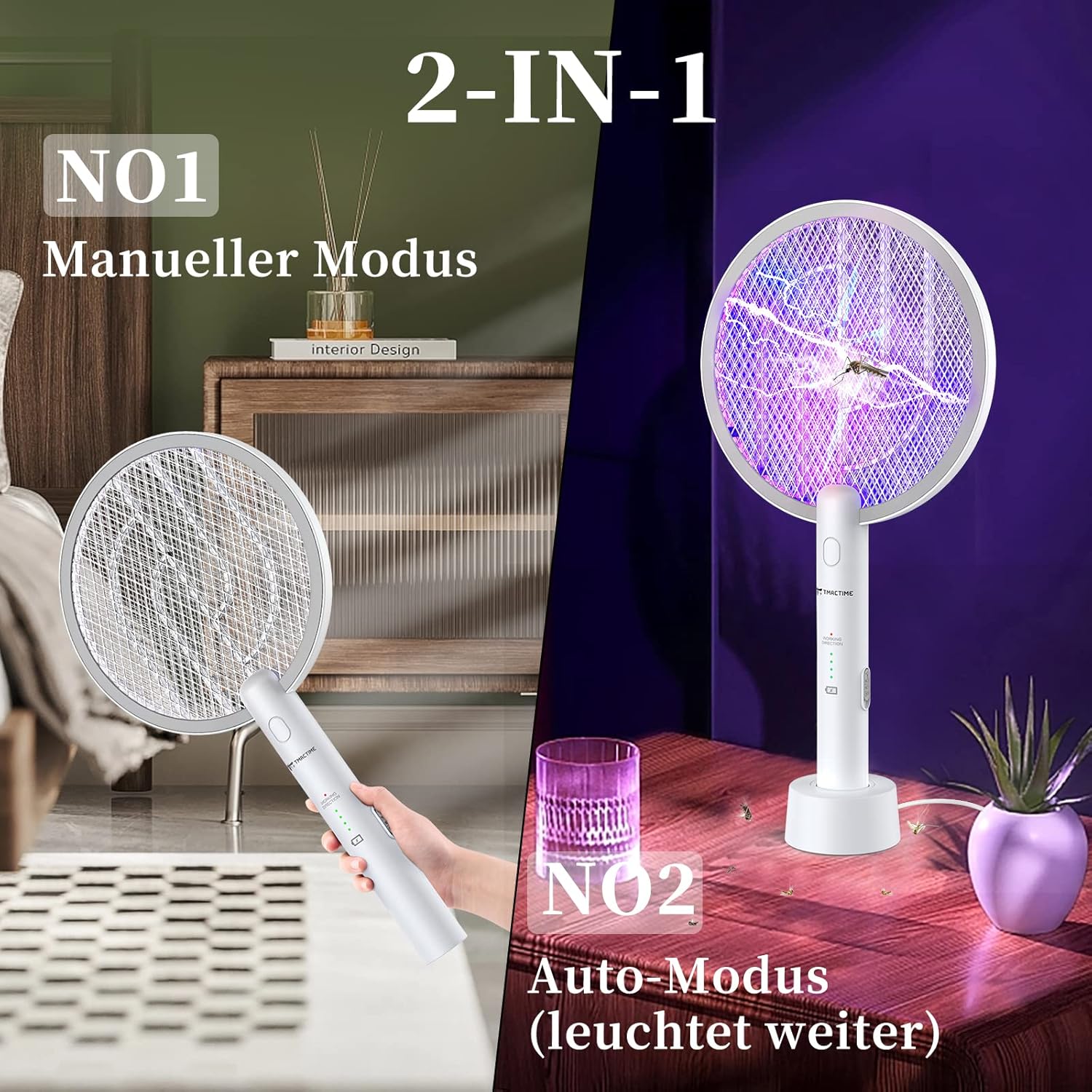 Detalle de Elektrische Fliegenklatsche 2-in-1: 4000V Insektenvernichter mit UV-Lampe, USB wiederaufladbar