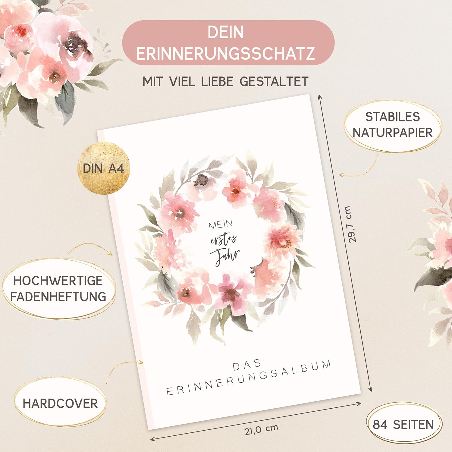 Thumbnail 1 de HIMMEL.HERZ.PAPIER Mein erstes Jahr Babyalbum – A4 Erinnerungsbuch mit 84 Seiten (Hardcover) in Rosa
