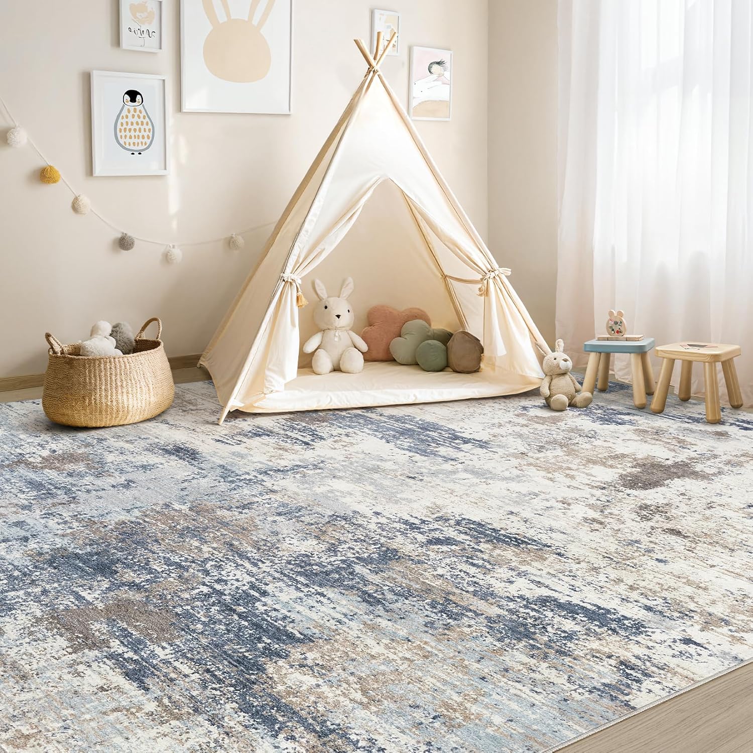 Thumbnail 4 de UERMEI 8x10 Neutral Abstract Washable Area Rug in Denim Blue