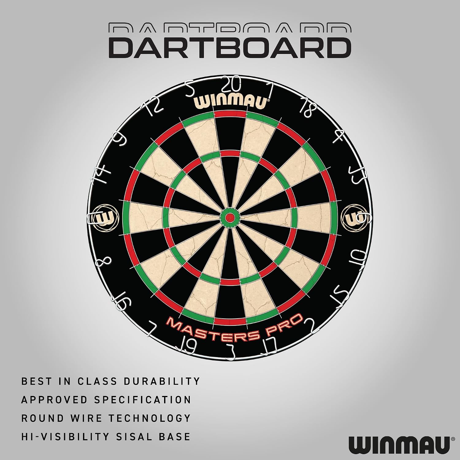 Detalle de Winmau Masters Pro Dartscheibe mit Oche-Linie – Steeldarts-Set, Sisal, Ultra-dünnes Drahtsystem
