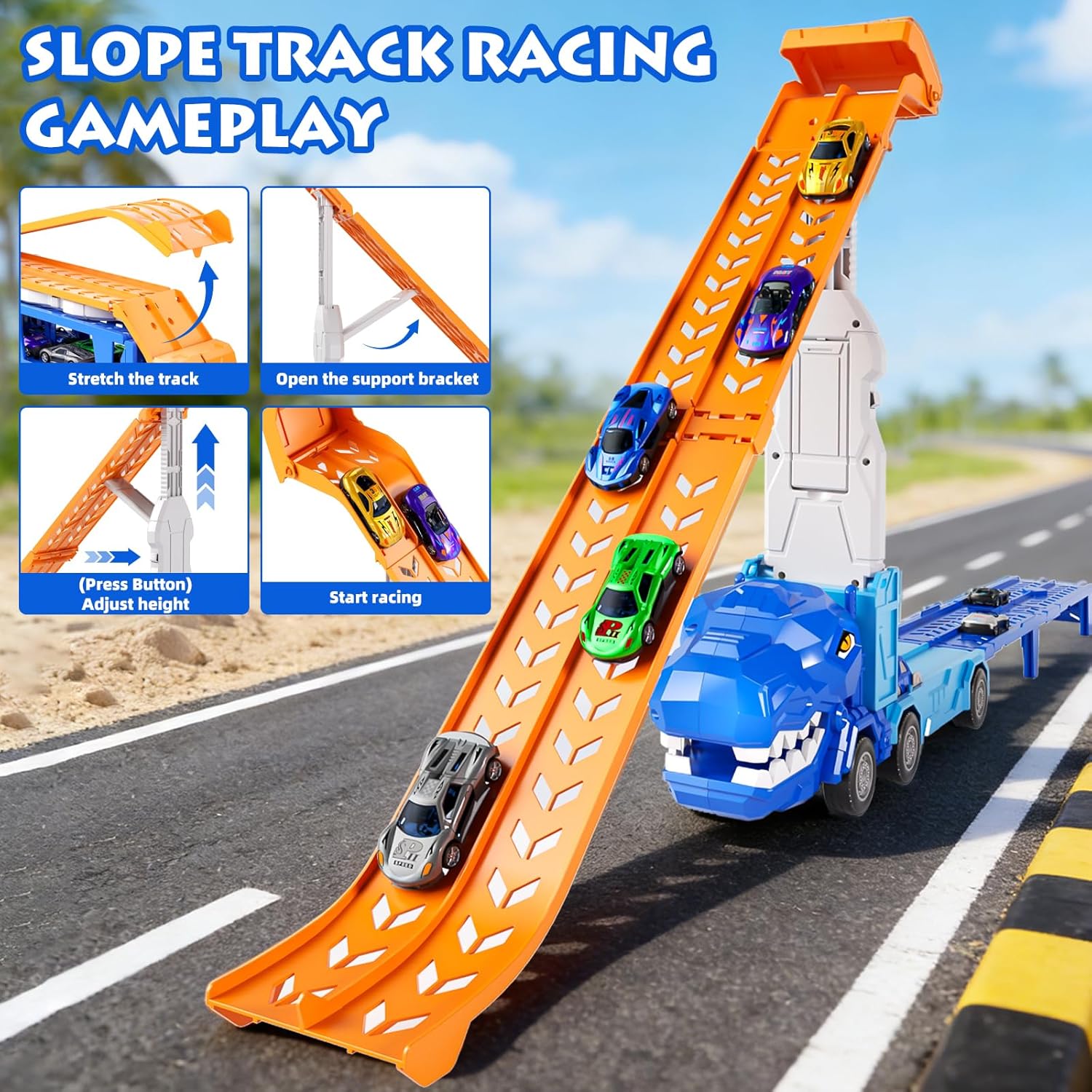 Thumbnail 2 de Doloowee Dinosaurier LKW Spielzeug-Set mit Kran und 12 Mini-Rennwagen (ab 3 Jahren)