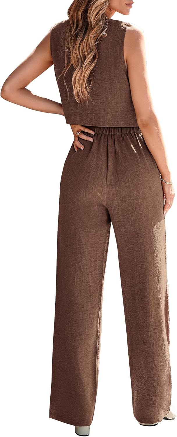 Detalle de KIRUNDO 2-Piece Dressy Summer Set: V-Neck Crop Vest Blazer + Wide-Leg Pants