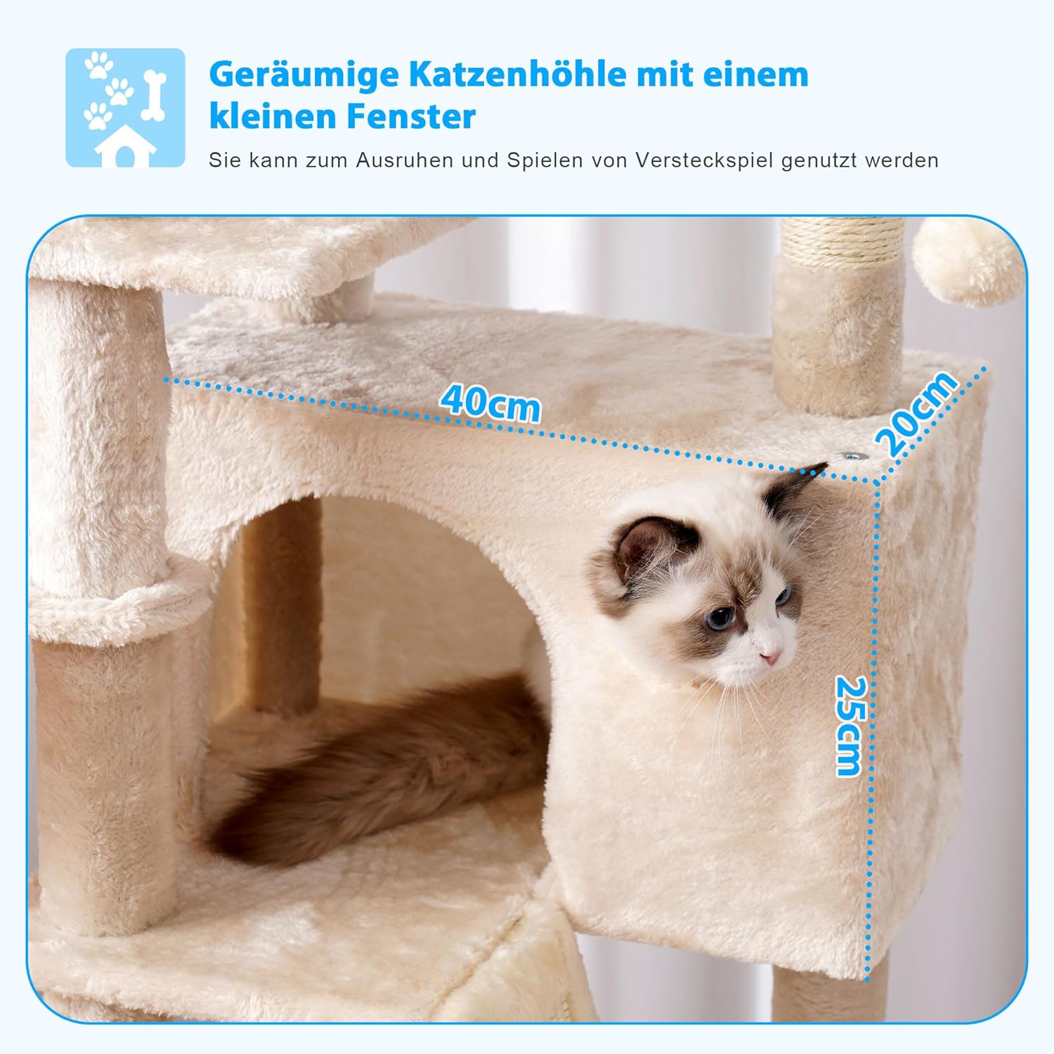 Thumbnail 4 de Hey-Brother Kratzbaum (135 cm) Indoor Katzenbaum mit gepolsterter Plattform, Höhle, Hängematte & Sisal Kratzfläche – Beige MPJ019-SM