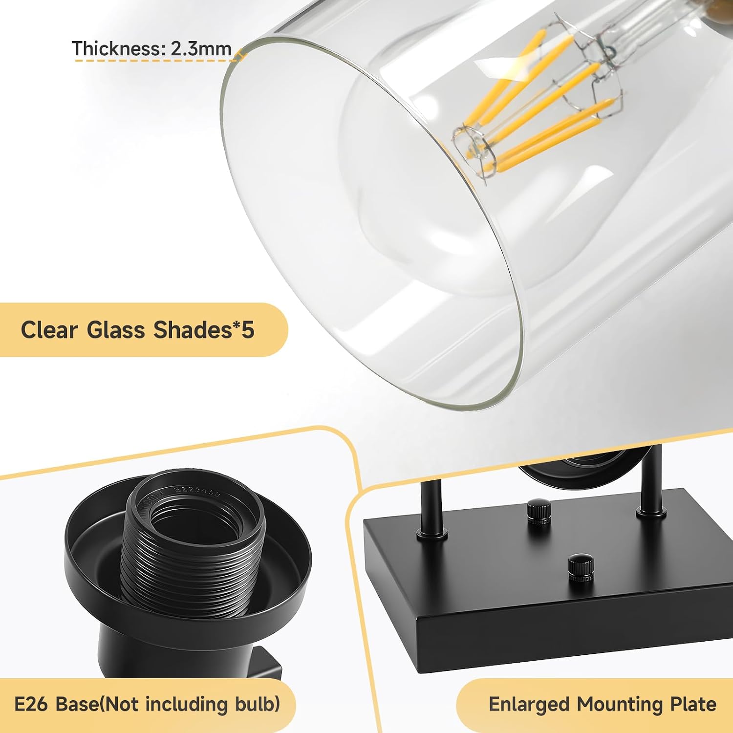 Detalle de DIKAIDA 5-Light Black Bathroom Vanity Light with Clear Glass Shades