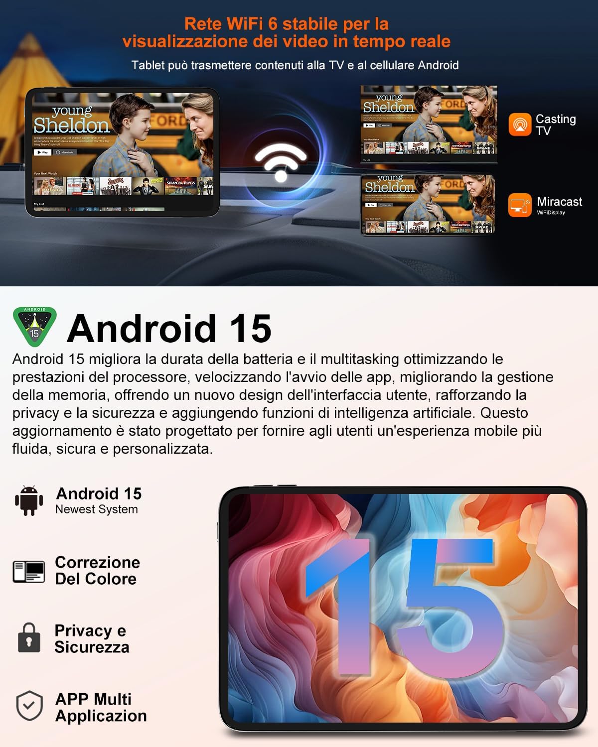 Detalle de SUAAT 2026 Tablet 10'' Android 15 octa-core, 22GB RAM, 128GB ROM + espansione 2TB, Wi‑Fi 5G, GPS, Bluetooth 5.0, fotocamere 8MP/5MP
