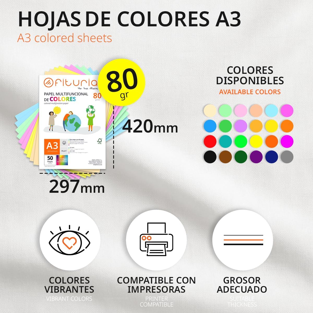 Detalle 2 de Feuilles de couleur Pack 50 A3 80 g – Papier couleur pour loisirs créatifs, imprimante et scrapbooking (Assortiment Pastel)