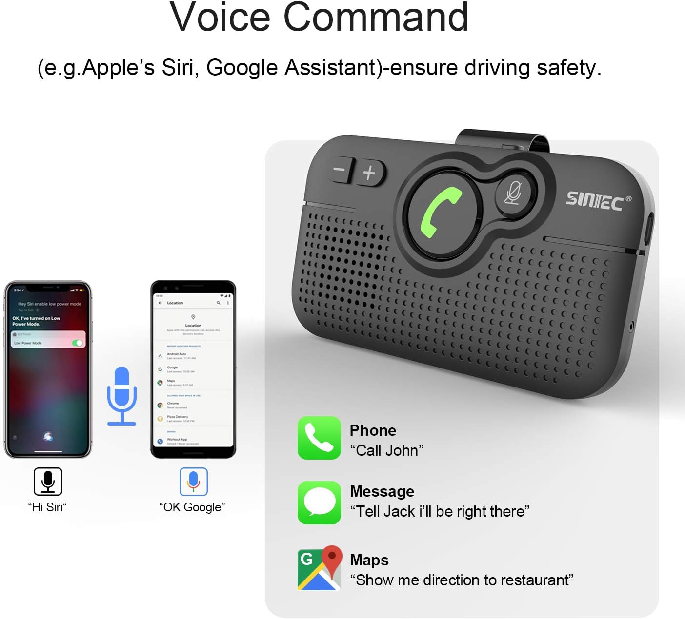 Detalle de SUNITEC Hands Free Car Phone Kit Bluetooth (BC980P) with 3W Speaker, Siri Voice Assistant & Visor Clip