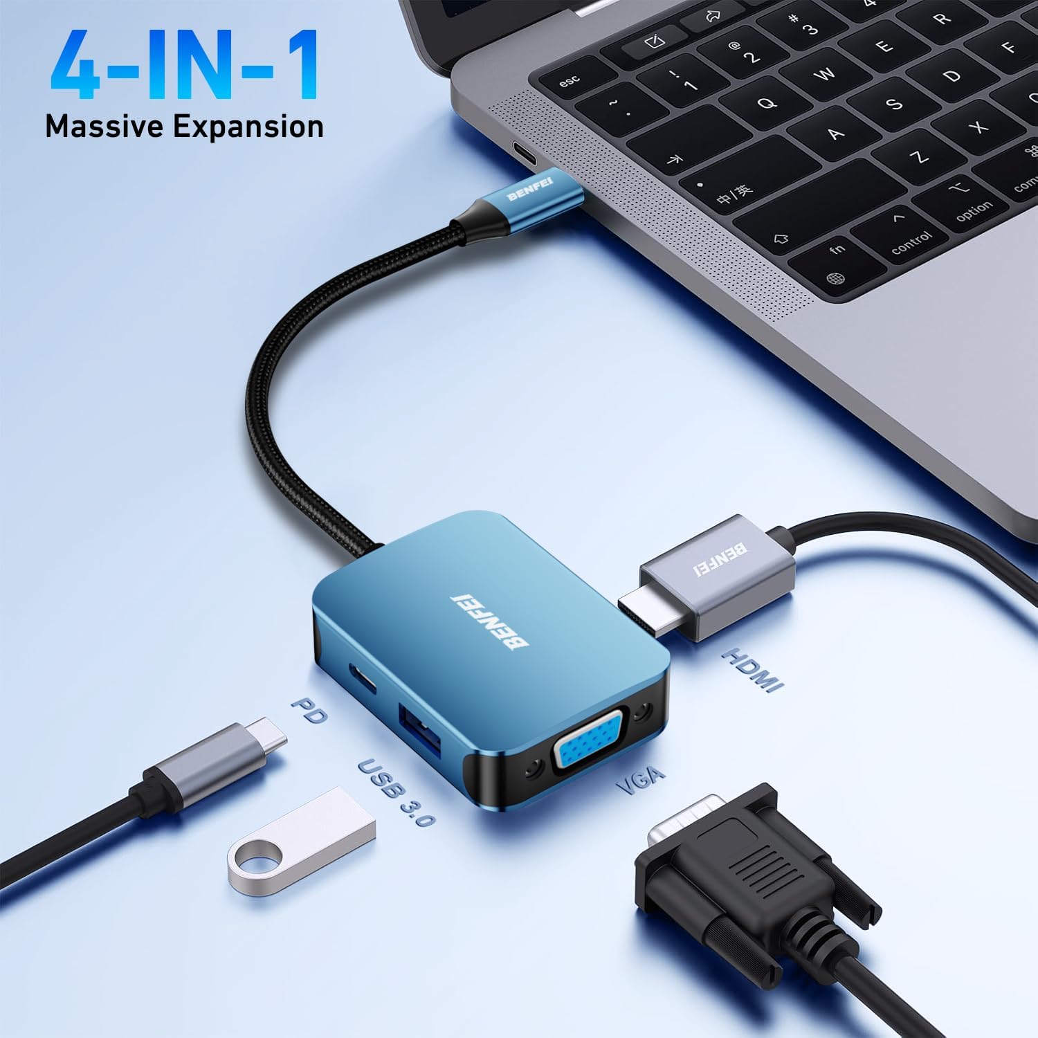 Detalle de BENFEI USB C HUB 4in1 mit HDMI, VGA, USB 3.0 und 60 W Power Delivery – blau
