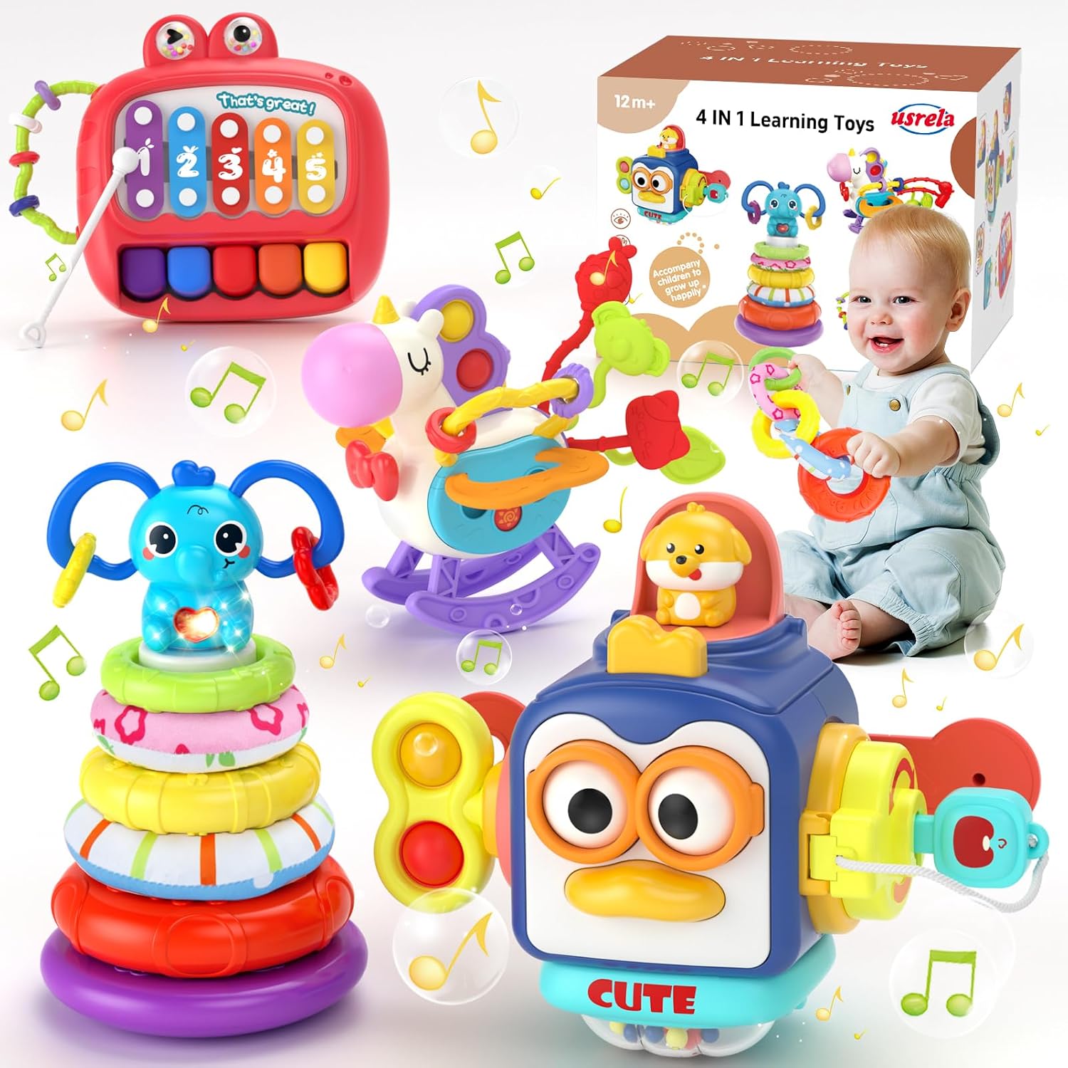 Imagen de usrela 4-in-1 Baby Toys for 6-12-18 Months: Busy Cube, Stacking Sorter, Piano Xylophone & Pull String Travel Toy en OfertitasTOP