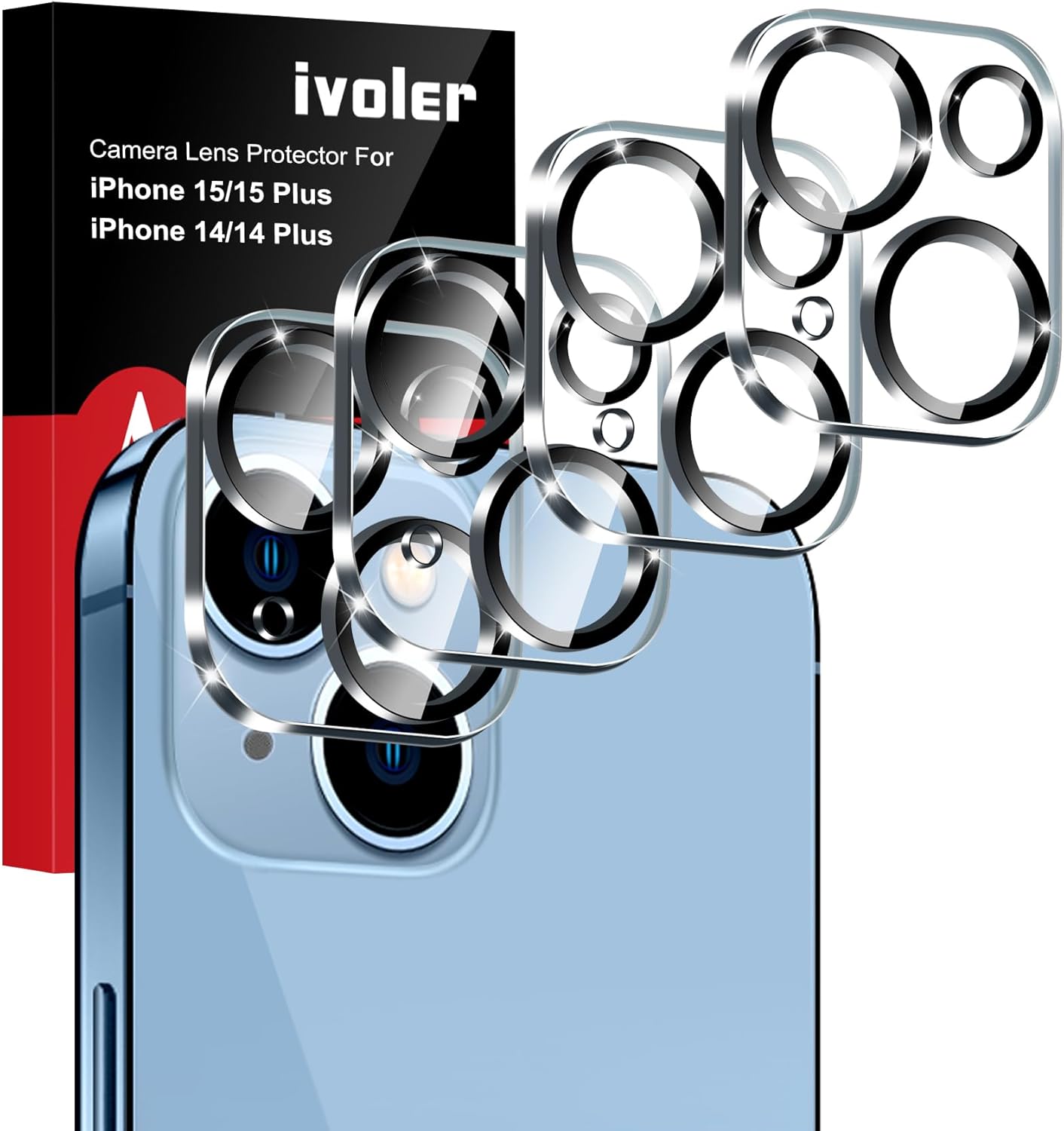 Detalle de iVoler 4 Pezzi Pellicola Fotocamera per iPhone 14/15 – Protezione completa antighiaccio 9H per obiettivo posteriore