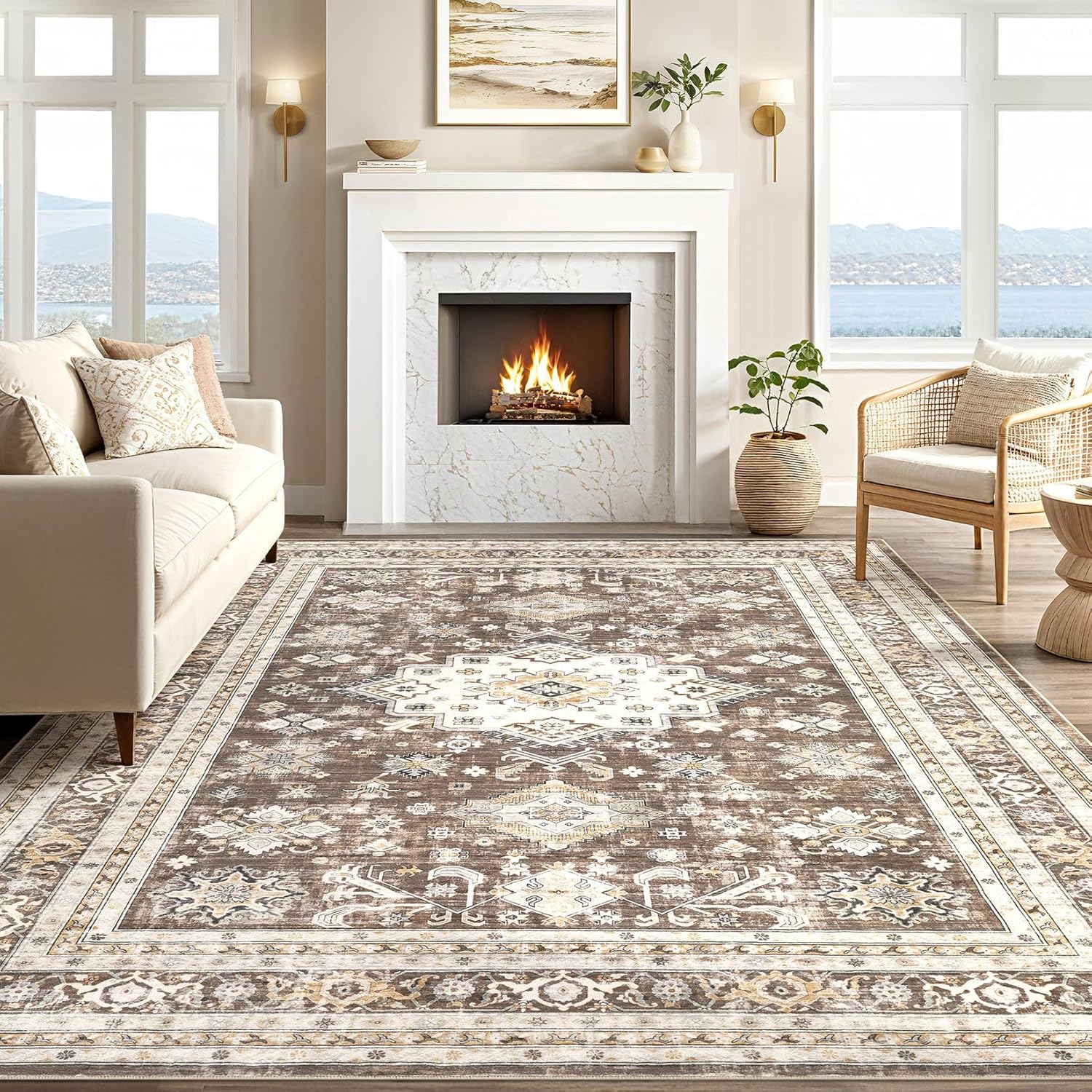 Thumbnail 6 de Vintage Living Room Area Rug 9x12 in Dark Brown (Traditional, Washable) for Bedroom, Office & More