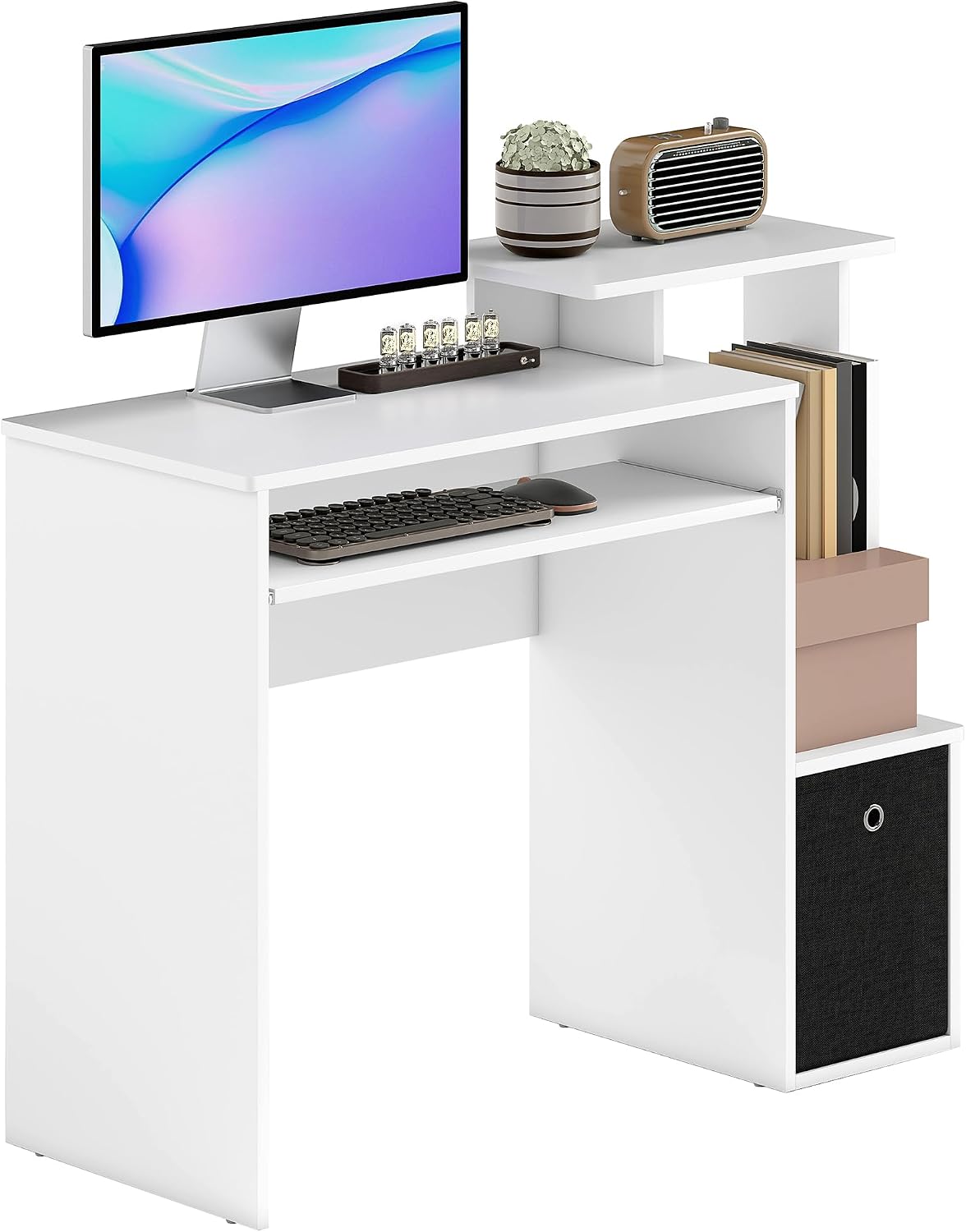 HOMCOM Bureau informatique multimédia avec étagères, tablette et clavier – 100 x 40 x 86,6 cm, noir/blanc