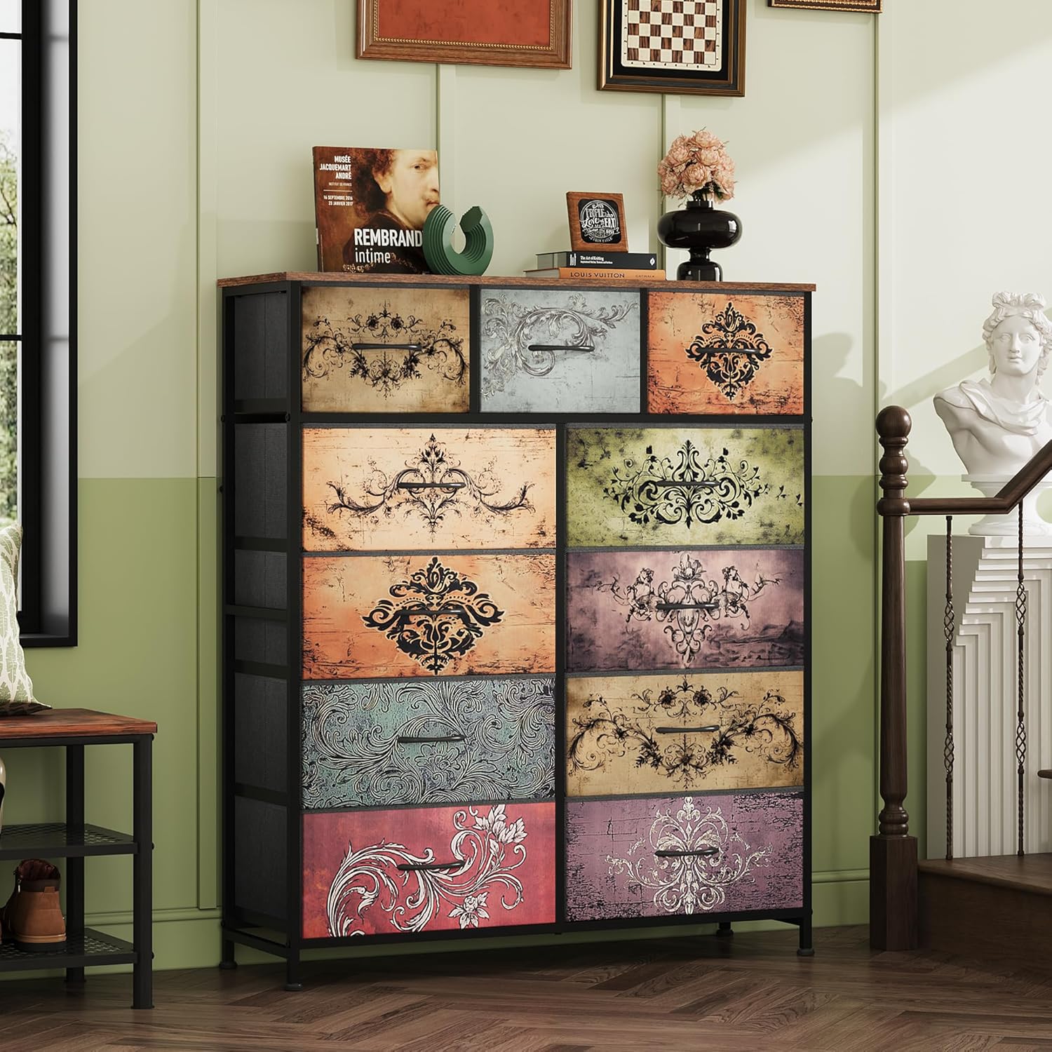 Detalle 2 de WLIVE Tall Dresser, 11-Drawer Fabric Storage Chest with Wood Top, Pattern