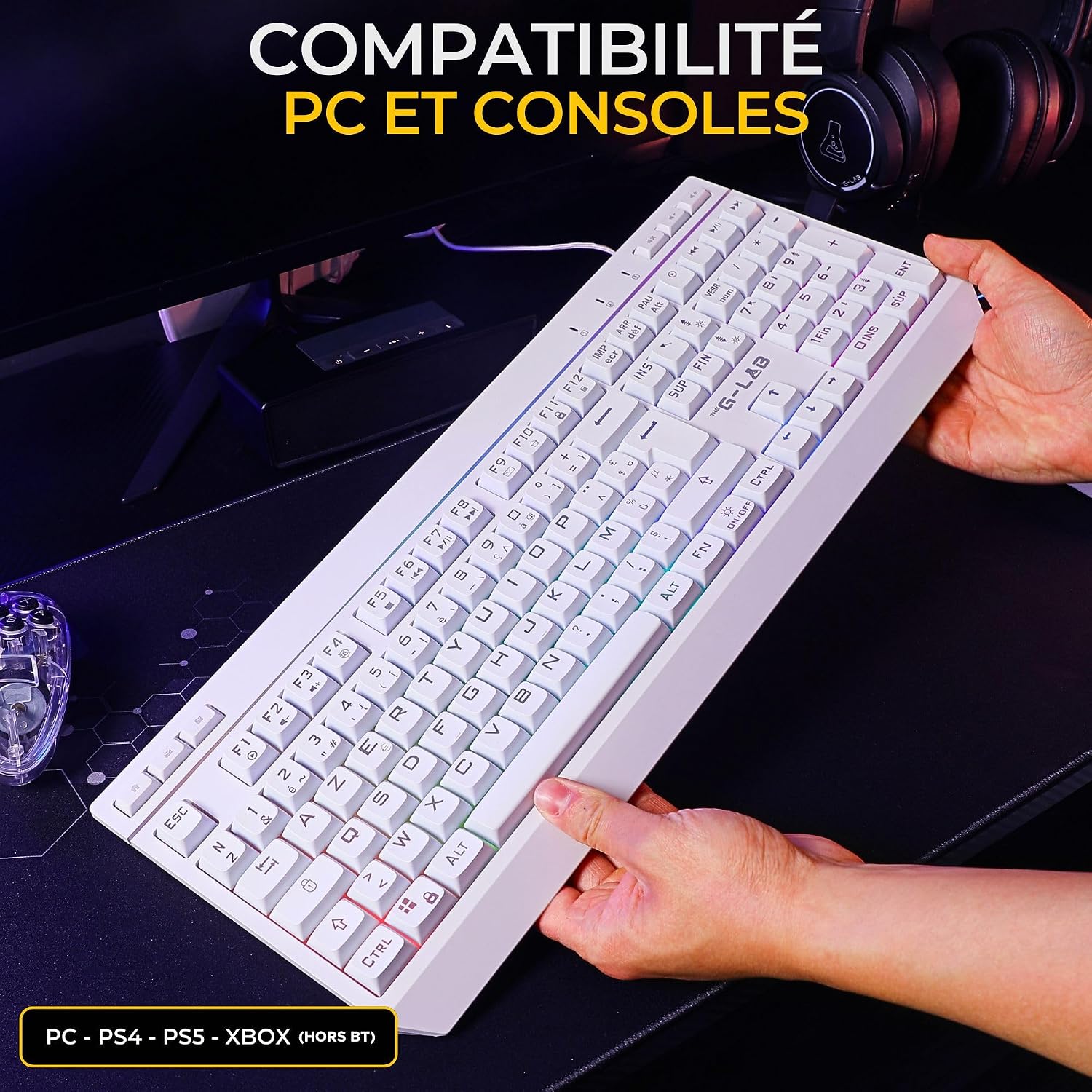 Thumbnail 6 de The G-Lab Combo Tungsten EX : pack clavier souris Triple Connexion (2,4 GHz / Bluetooth / filaire) AZERTY FR RGB & macros + souris 6400 DPI (blanc)