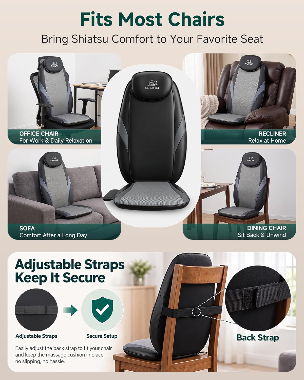 Detalle de Snailax 2026 Upgraded Shiatsu Roller Back Massager with Heat — Deep Tissue Chair Pad for Home or Office