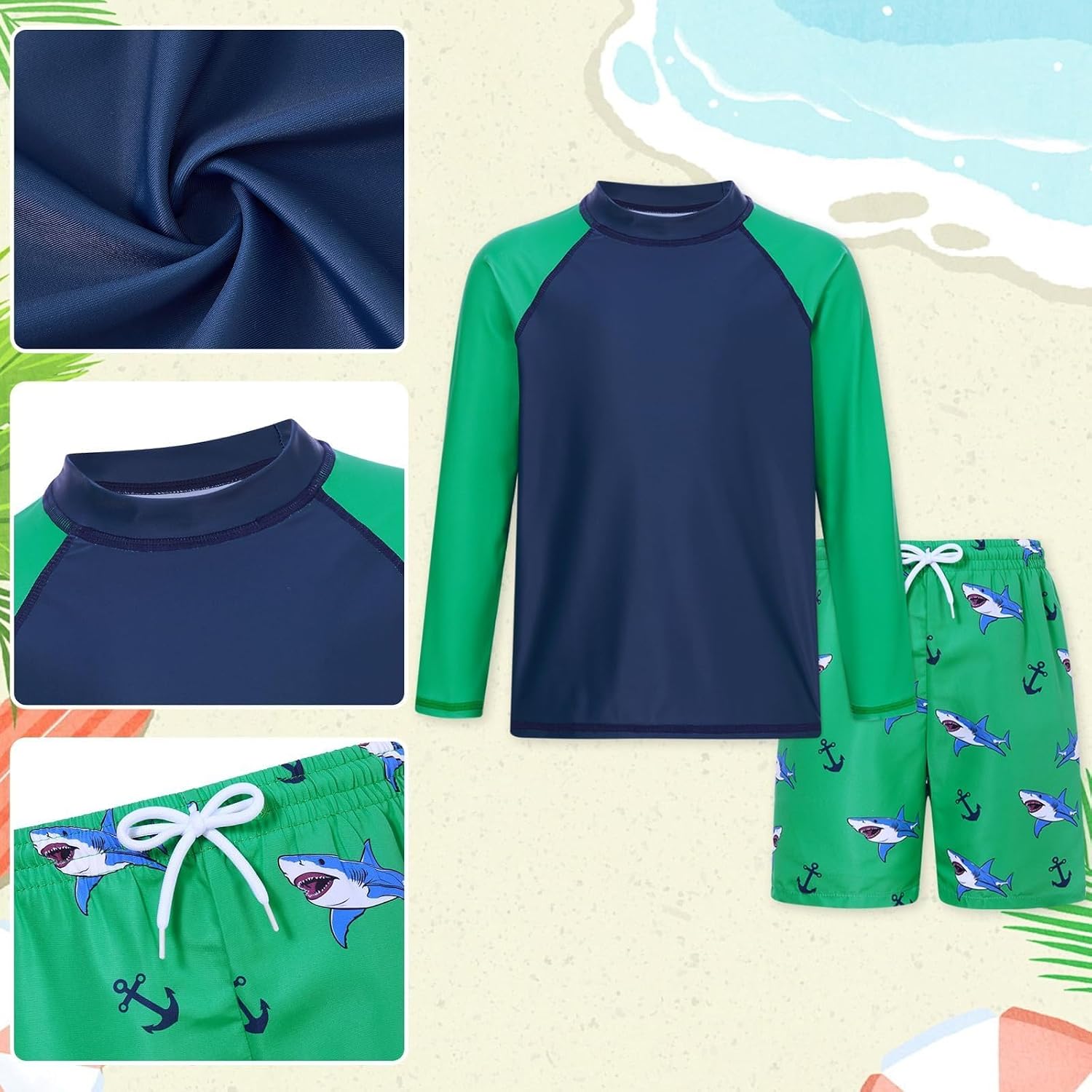 Detalle de Kids4ever Boys Swimming Costume Long Sleeve Sun Protection Rash Guard Set (Two Pieces)