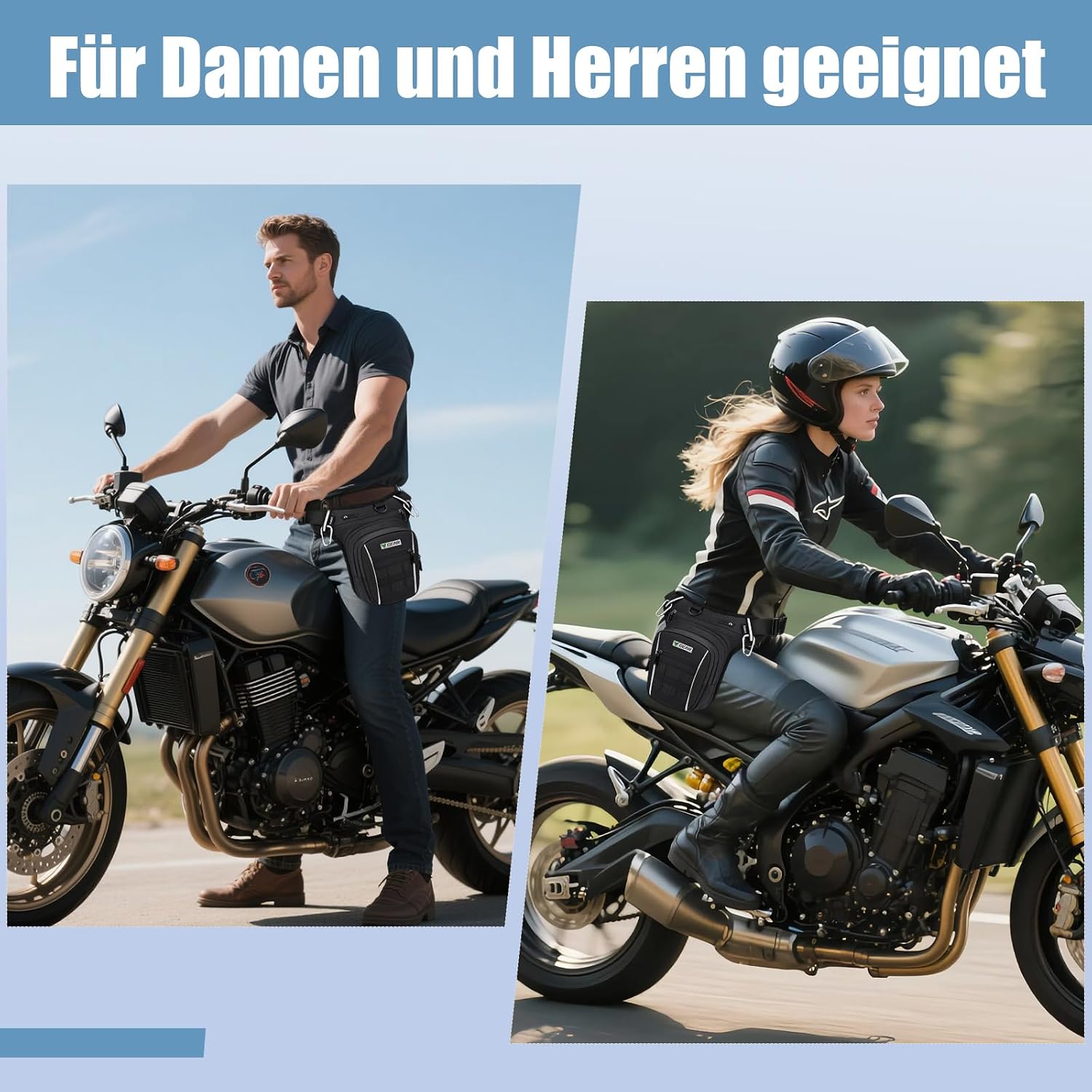 Thumbnail 1 de Eshow Beintasche Motorrad – Erweiterbare Oberschenkeltasche für Herren und Damen, verstellbarer Bein- und Hüftgurt, Reflexstreifen, 2 Karabiner, wasserdicht
