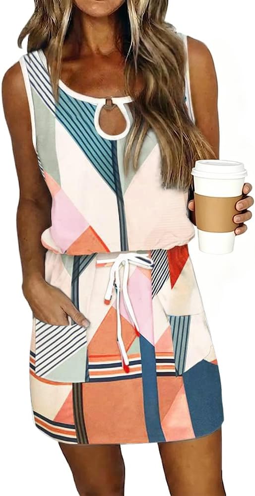 Detalle de Womens Summer Casual Loose Sleeveless Crew Neck Drawstring Waist Mini Dress with Pockets
