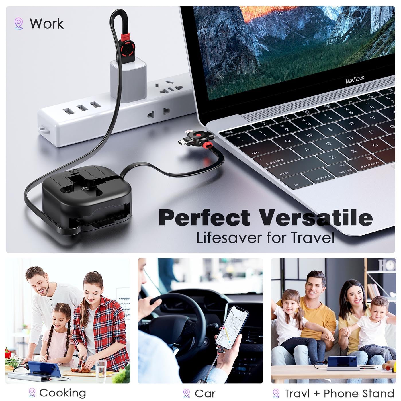 Thumbnail 3 de ASICEN Multi Charging Cable 4.5A, 4Ft (2-Pack) 3-in-1 Retractable Car Cable