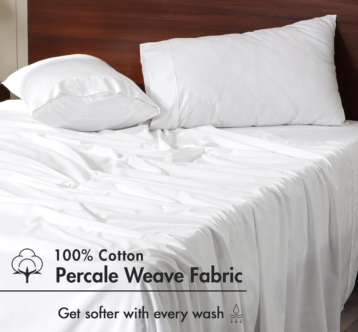 Detalle de RUVANTI 100% Cotton Percale Sheets – Queen, Bright White with Peach Finish