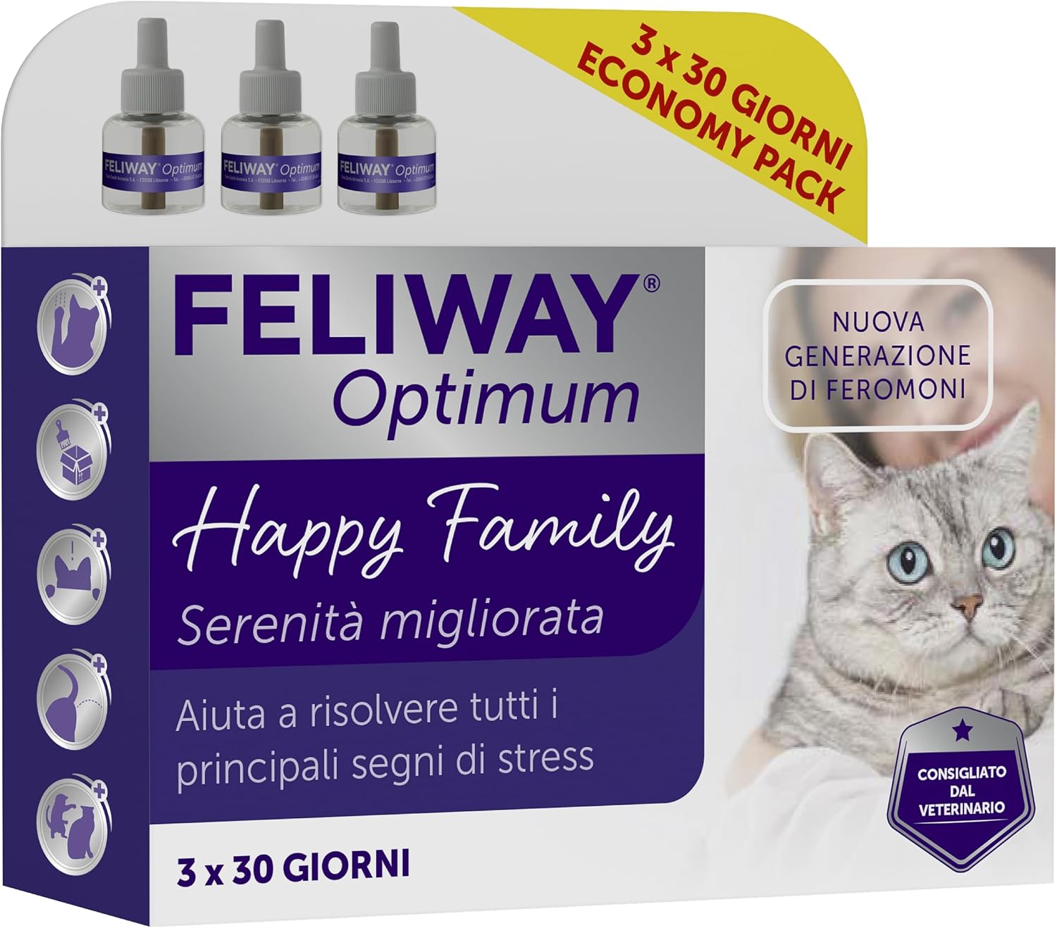 Detalle de FELIWAY Optimum 3x30 Giorni di Ricariche Calmanti per Diffusore di Feromoni – Confezione da 3×48 ml