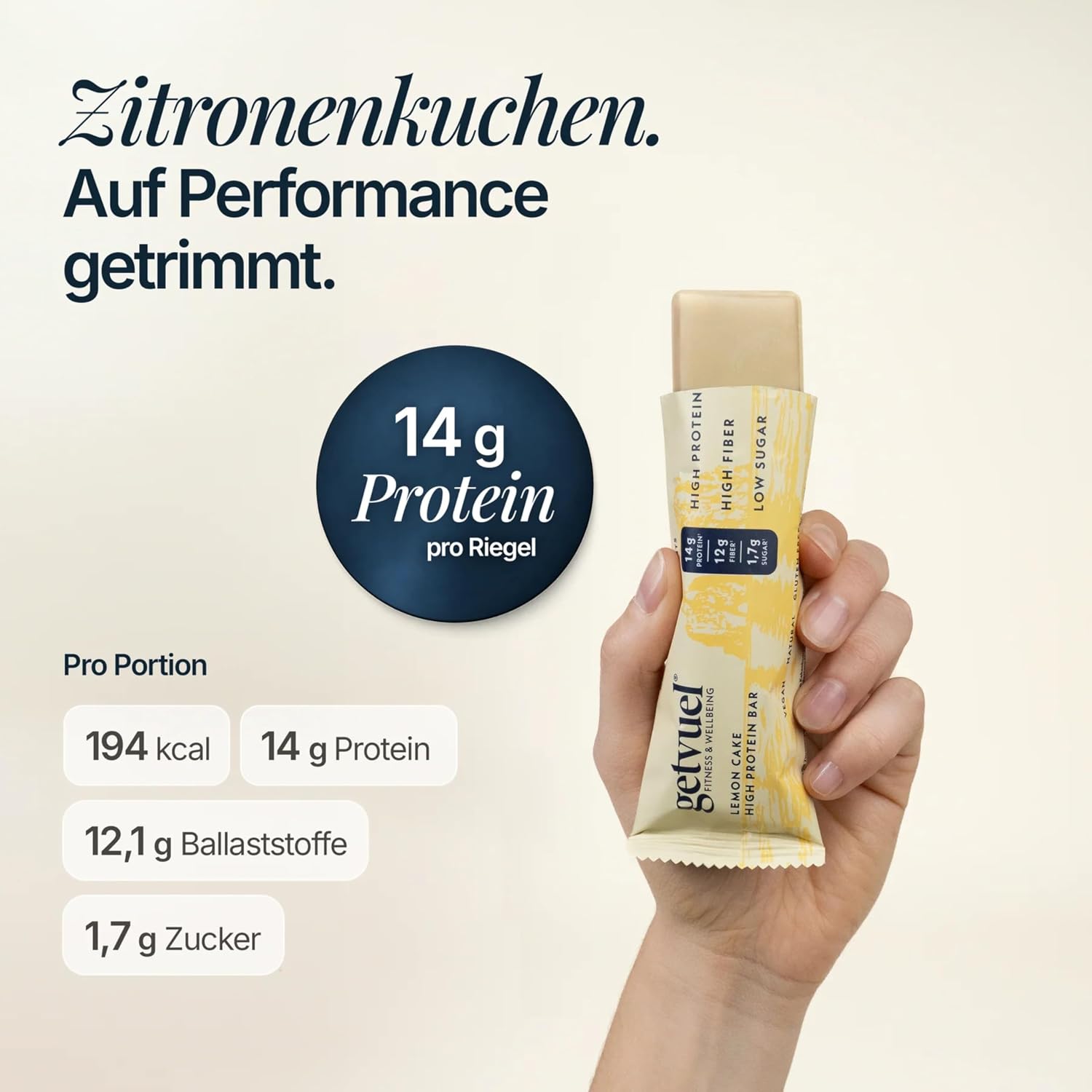 Detalle de getvuel High Protein Riegel Lemon Cake – 12x50g, 14 g pflanzliches Protein, vegan, glutenfrei