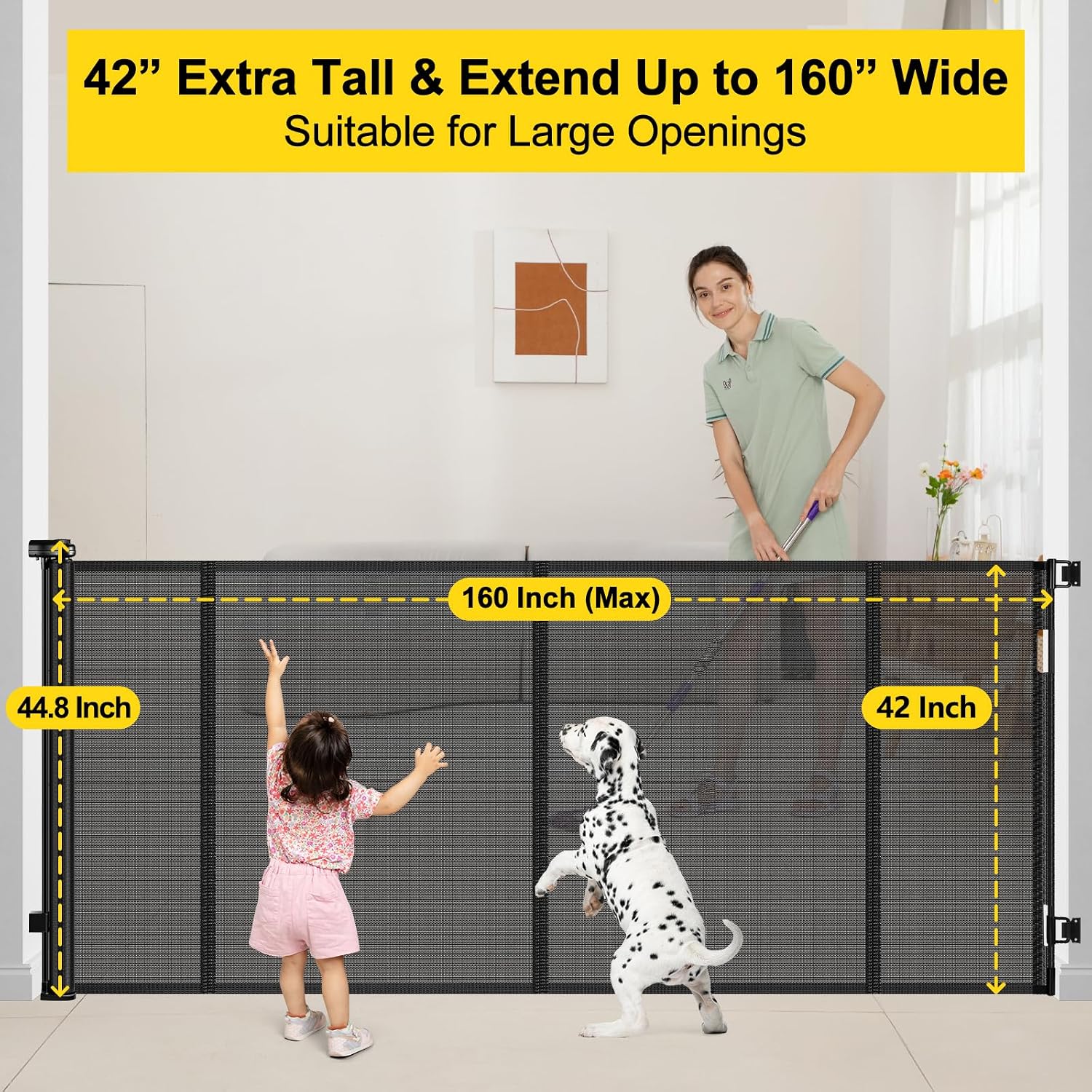 Detalle de Bingguz 42-Inch Extra-Tall, 160-Inch Retractable Baby Gate with Support Rods