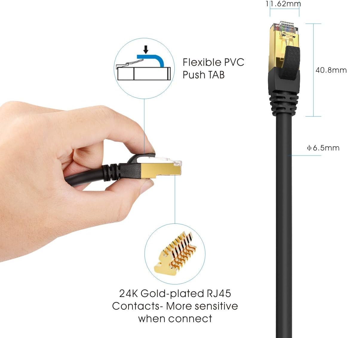 Thumbnail 5 de VEEtOP Cat8 LAN-Kabel 0,5 m (40 Gbps) mit vergoldetem RJ45, schwarz