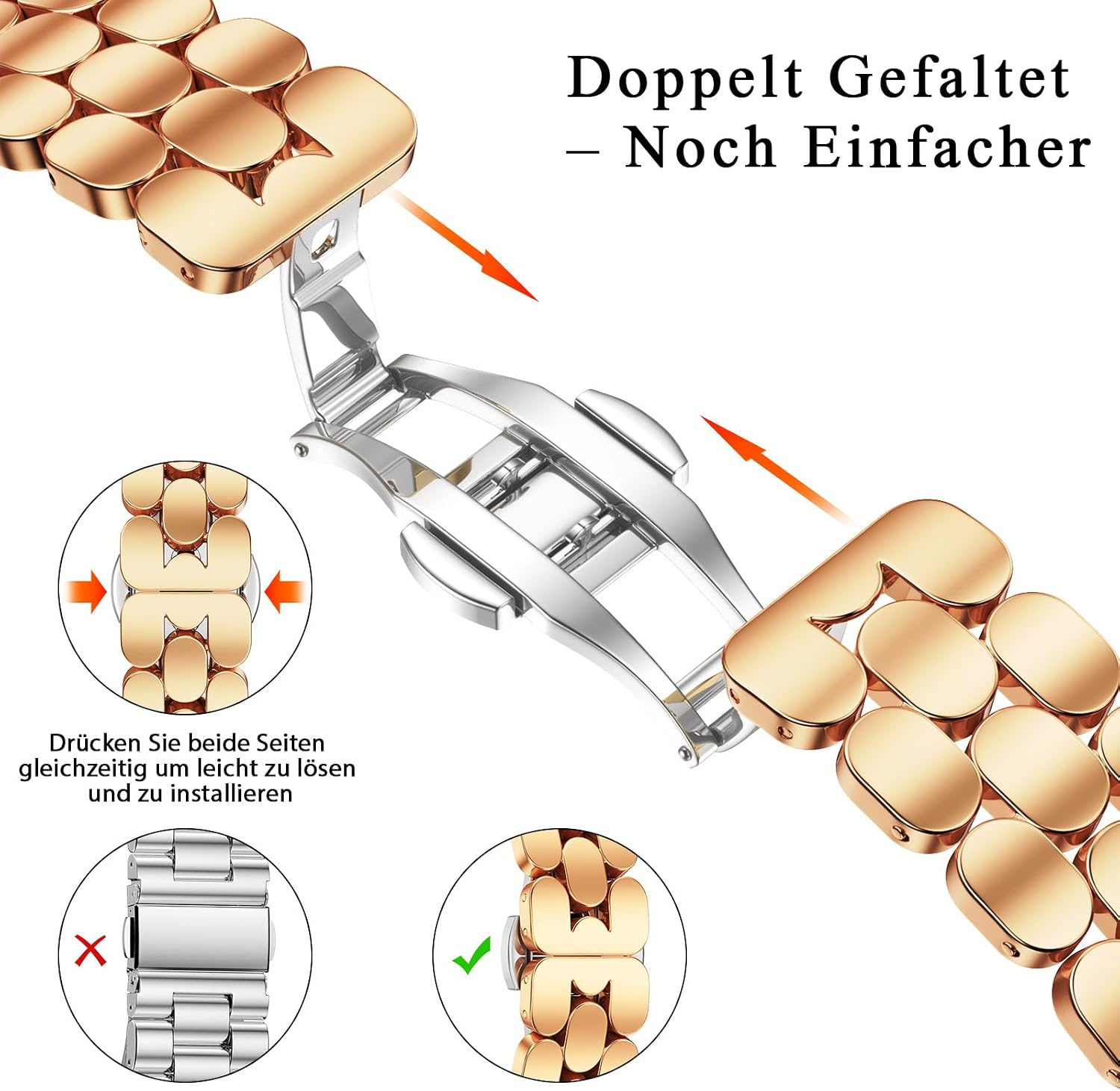 Detalle 2 de V.R.HOPE Metallarmband für Apple Watch (Rose Gold) – Edelstahl-Band für 38/40/41/42 mm