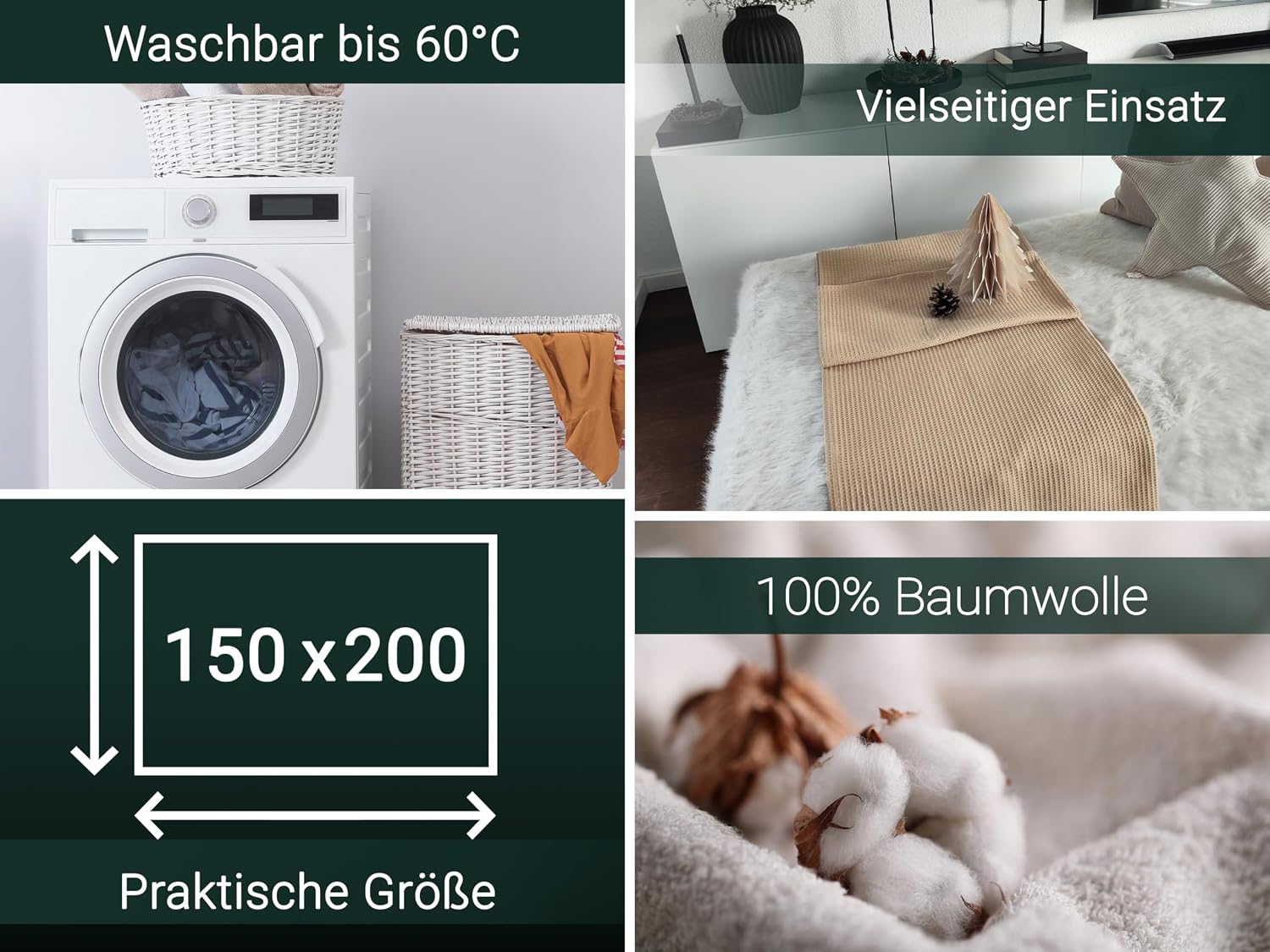 Detalle de ZOLLNER Kuscheldecke 150x200 cm – 100% Baumwolle, Waffelmuster, OEKO-TEX, Hotelwäschequalität