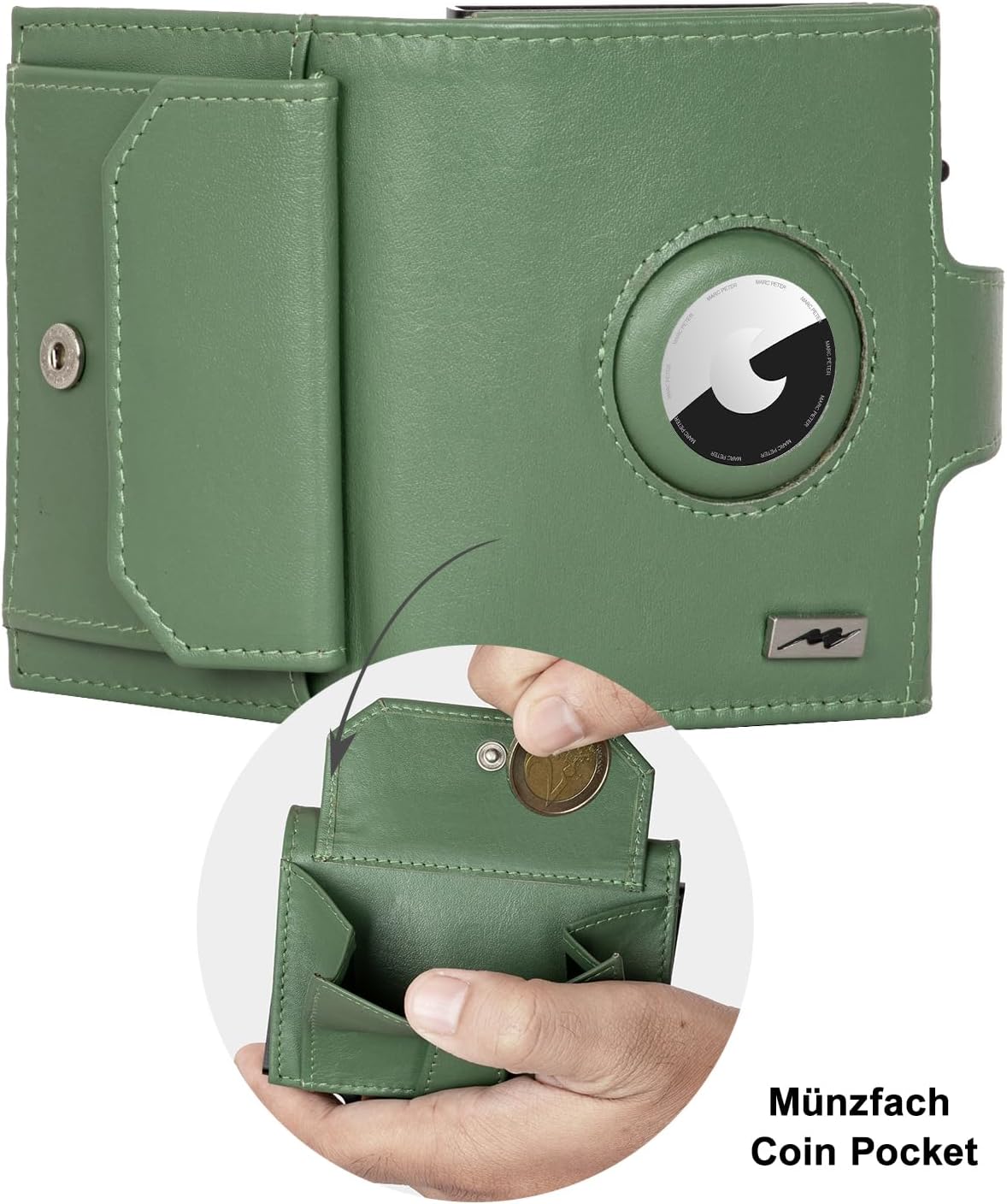 Detalle de Marc Peter Chicago Leder Push Air Slim Wallet – Airtag-Geldbörse mit Münzfach und RFID-Schutz