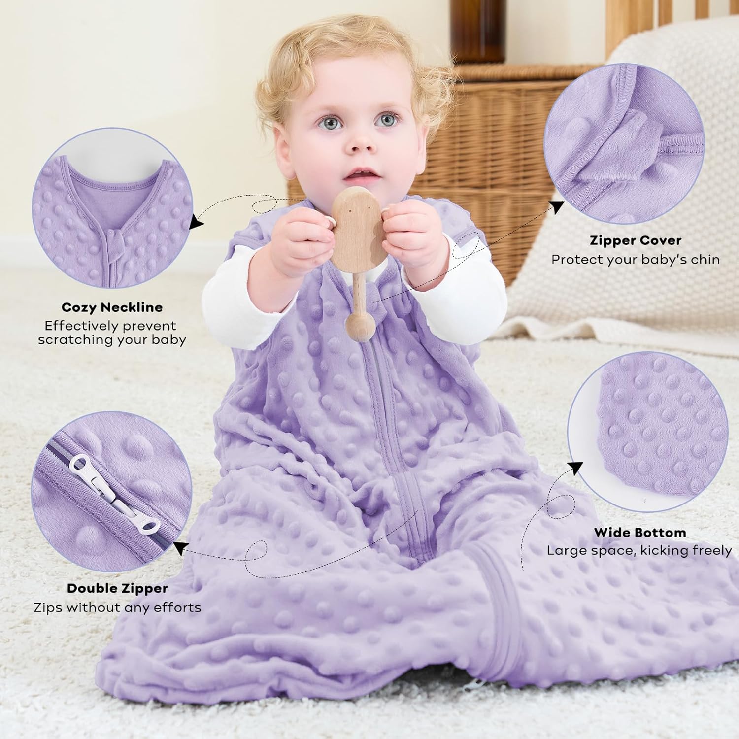 Detalle de FIEMOL Schlafsack Baby 6-12 Monate, 1.5 Tog, Plüsch-Doppelmaterial, Rosa/Lila, 78 cm – 2er Pack