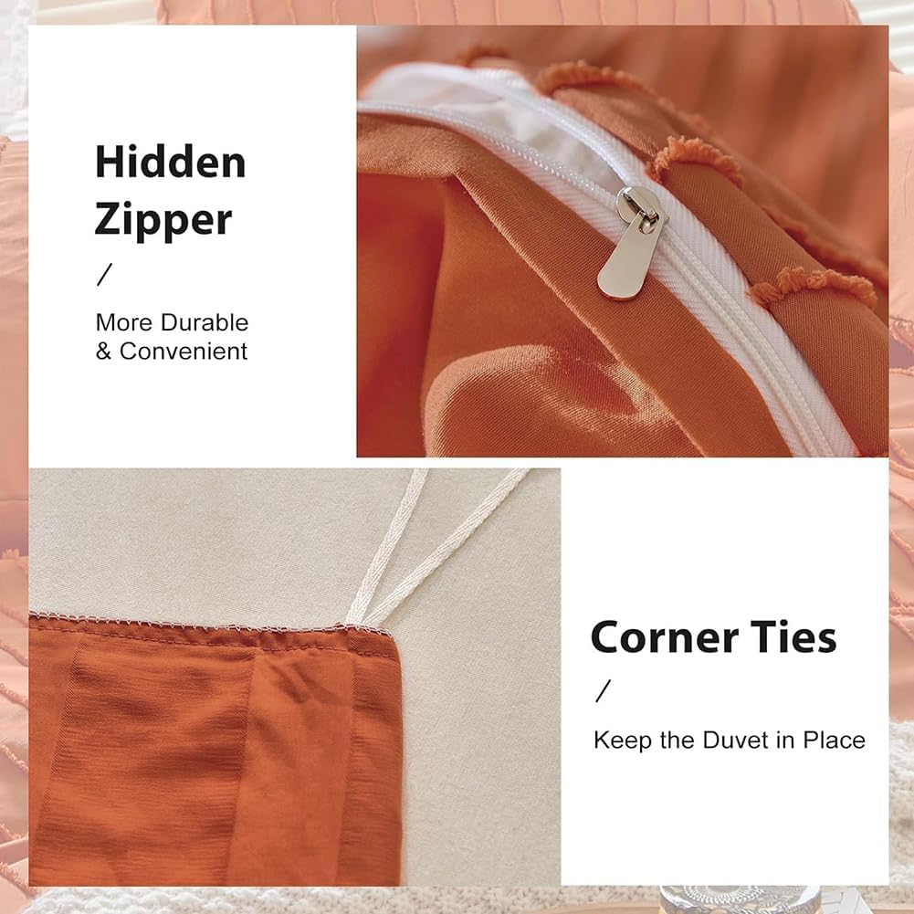 Thumbnail 4 de Michorinee Housse de Couette 200x200 Tuftée Terracotta Rayée – Parure Pour 2 Personnes avec Fermeture Éclair