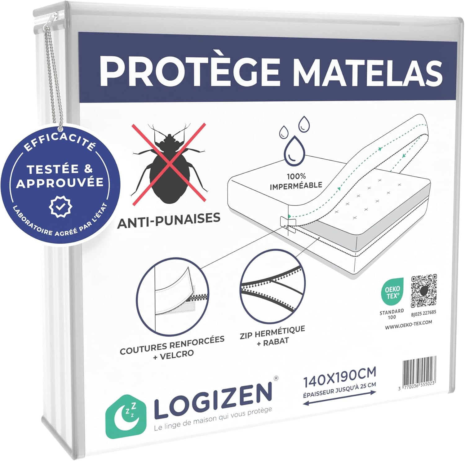 Detalle de Housse Matelas Intégrale 140x190 anti-punaises de lit, imperméable et labellisée Oeko-TEX