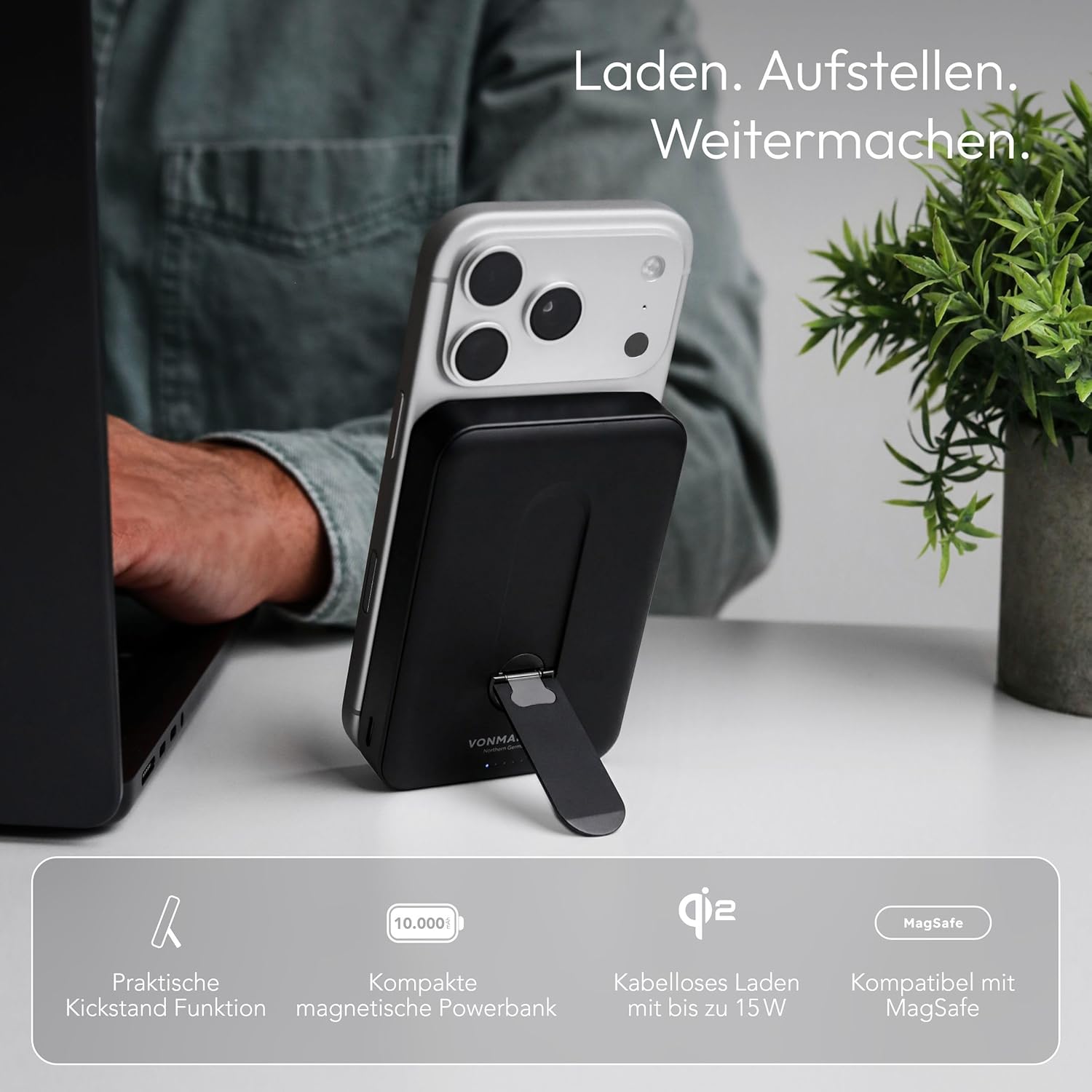Detalle 2 de VONMÄHLEN Evergreen Mag con Kickstand: power bank magnetica da 10000 mAh con ricarica wireless 15 W per MagSafe