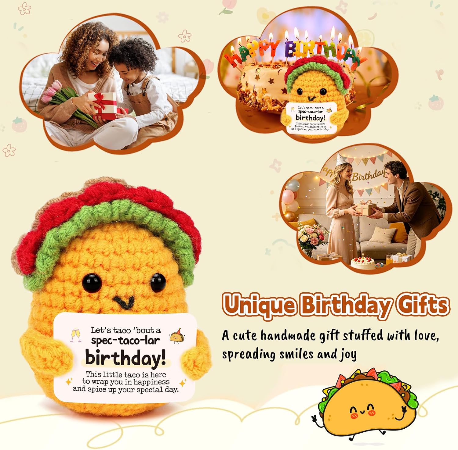 Detalle 1 de LuoHere Crochet Taco Birthday Gift, Handmade Wool Yarn Figure with Funny Message