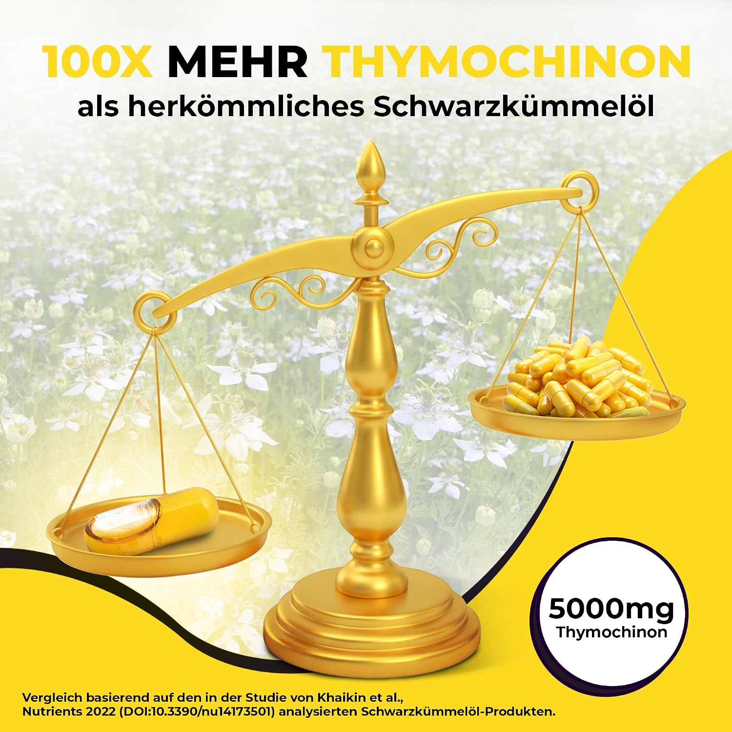Detalle de Premium BIO Schwarzkümmelöl Kapseln (Nigella sativa) – 5.000 mg Thymochinon, 60 vegane Kapseln im lichtgeschützten Violettglas