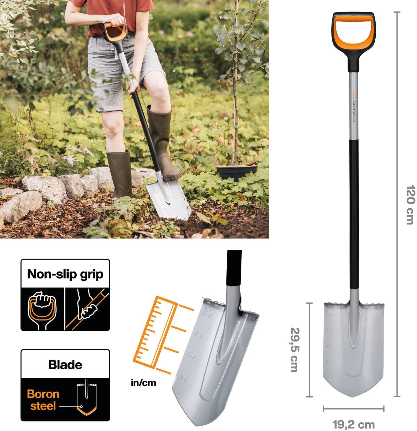 Detalle 2 de Fiskars Gärtnerspaten Spitz 120 cm – robustes Borstahlblatt, rutschfester D-Griff (1066729, Xact)