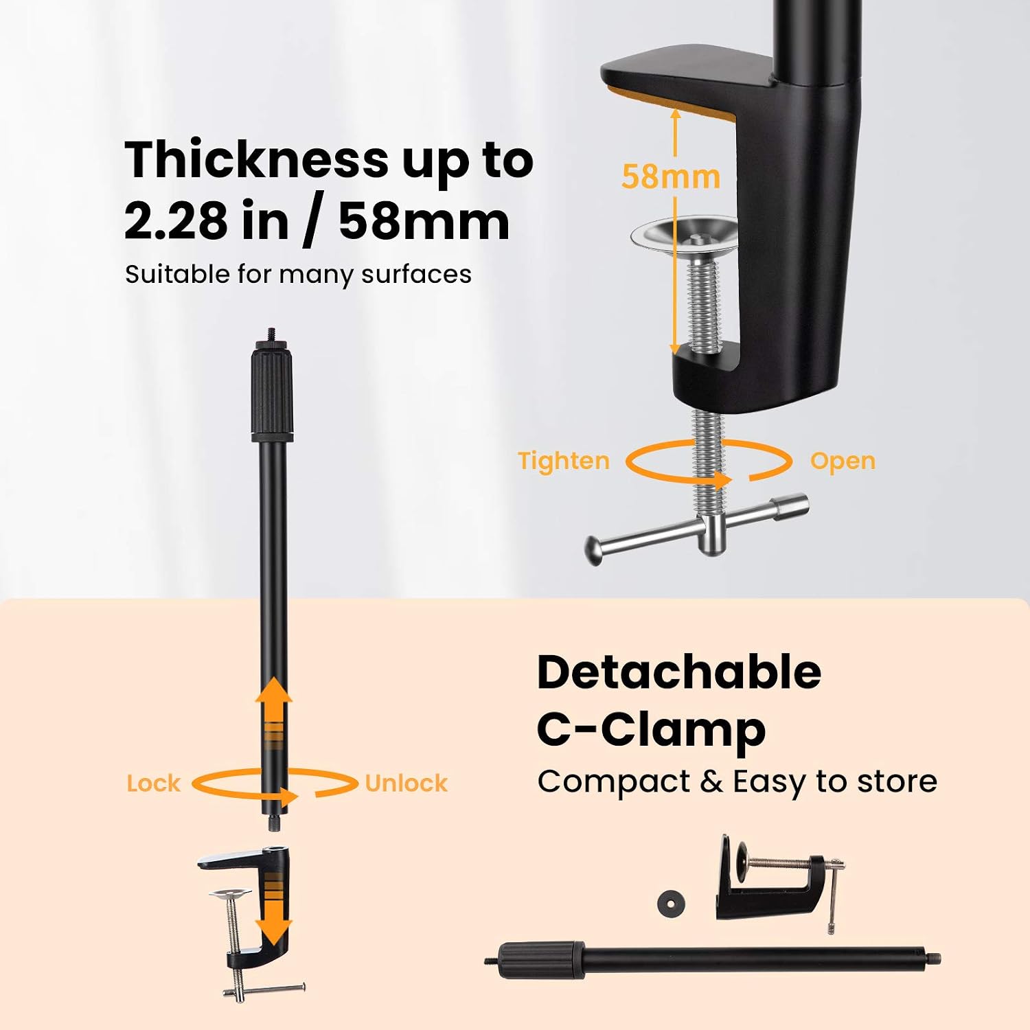 Detalle de TARION Tabletop Light Stand Clip – 35-63 cm Adjustable Desk Mount for Live Streaming and Photography