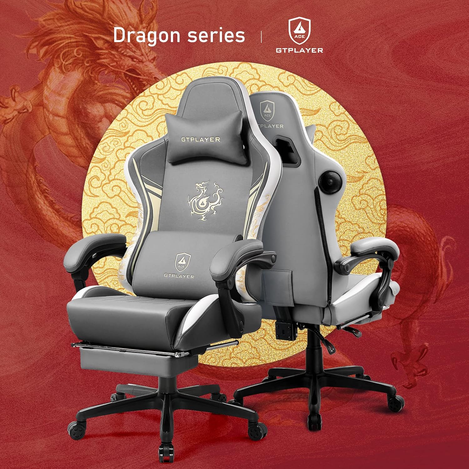 Detalle de GTPLAYER Serie Dragon sedia gaming ergonomica reclinabile con altoparlanti Bluetooth 5.1 e poggiapiedi (grigio)