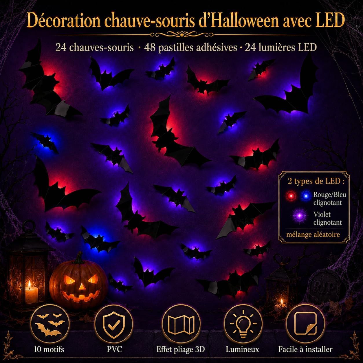 Detalle 2 de ShadowRealmTech 0025 Halloween-vleermuisstickers met 3D-vleugels en led