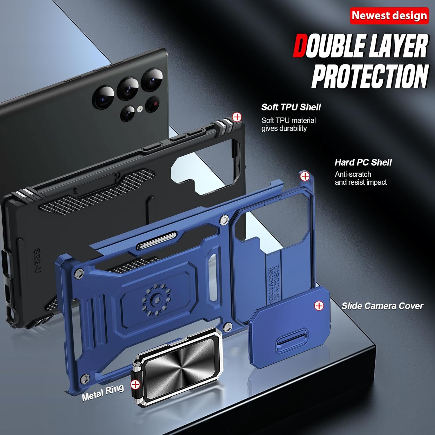 Thumbnail 2 de LeYi Military Grade Case for Samsung Galaxy S22 Ultra – Navy Blue with Camera Lens Slider, Ring Stand & Magnetic Car Mount Compatibility