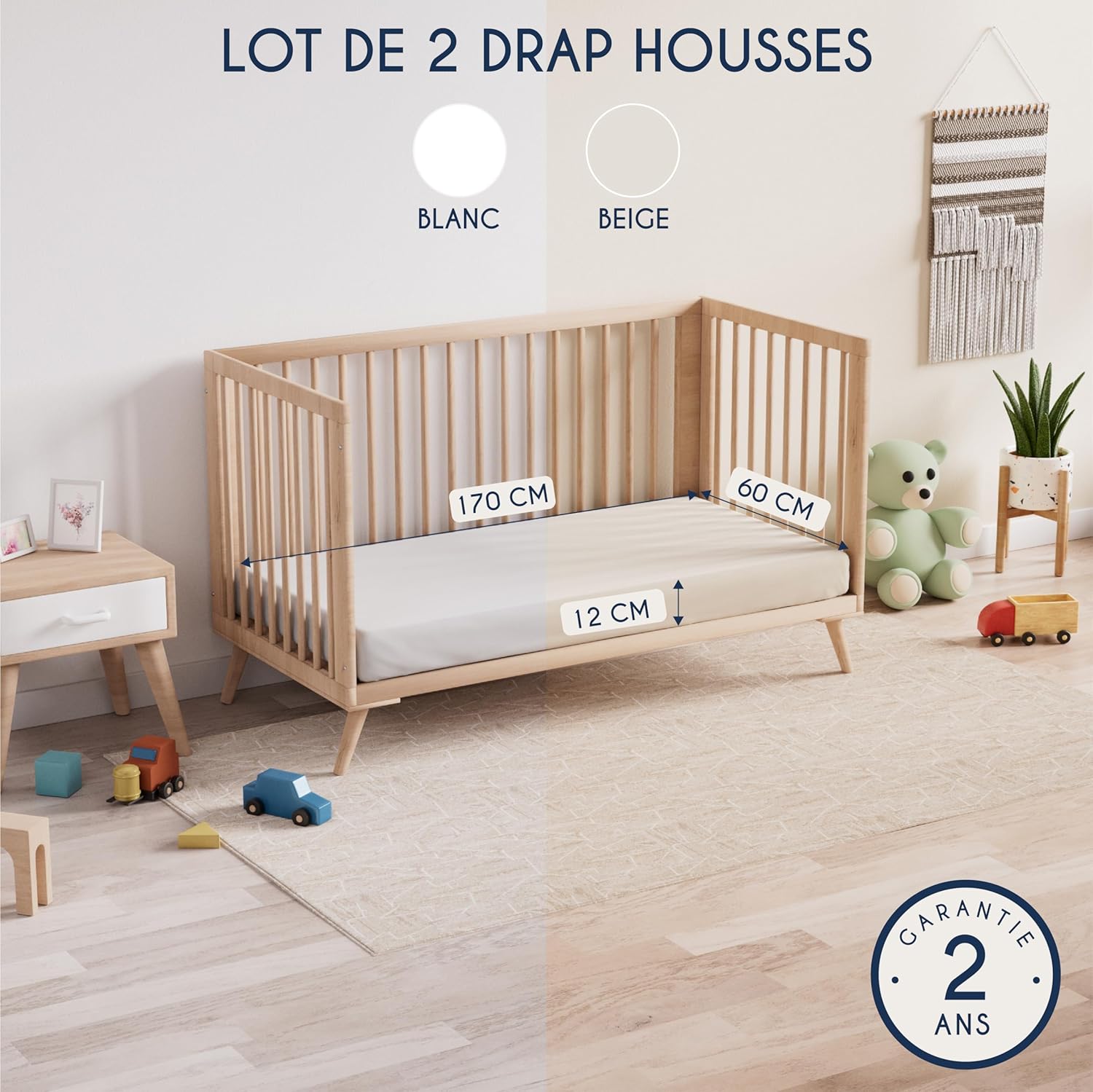 Thumbnail 1 de Dreamzie Drap Housse 70x140 (x2) – 100% Coton certifié Oeko-Tex, Blanc et Beige