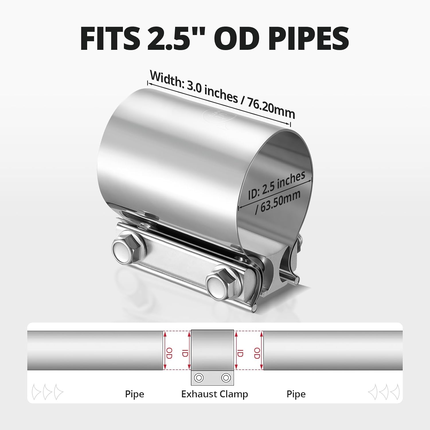 Detalle 2 de EVIL ENERGY 2.5 Inch Exhaust Clamp (2 1/2" Butt Joint Band Clamp Sleeve) Stainless Steel, 4-Pack